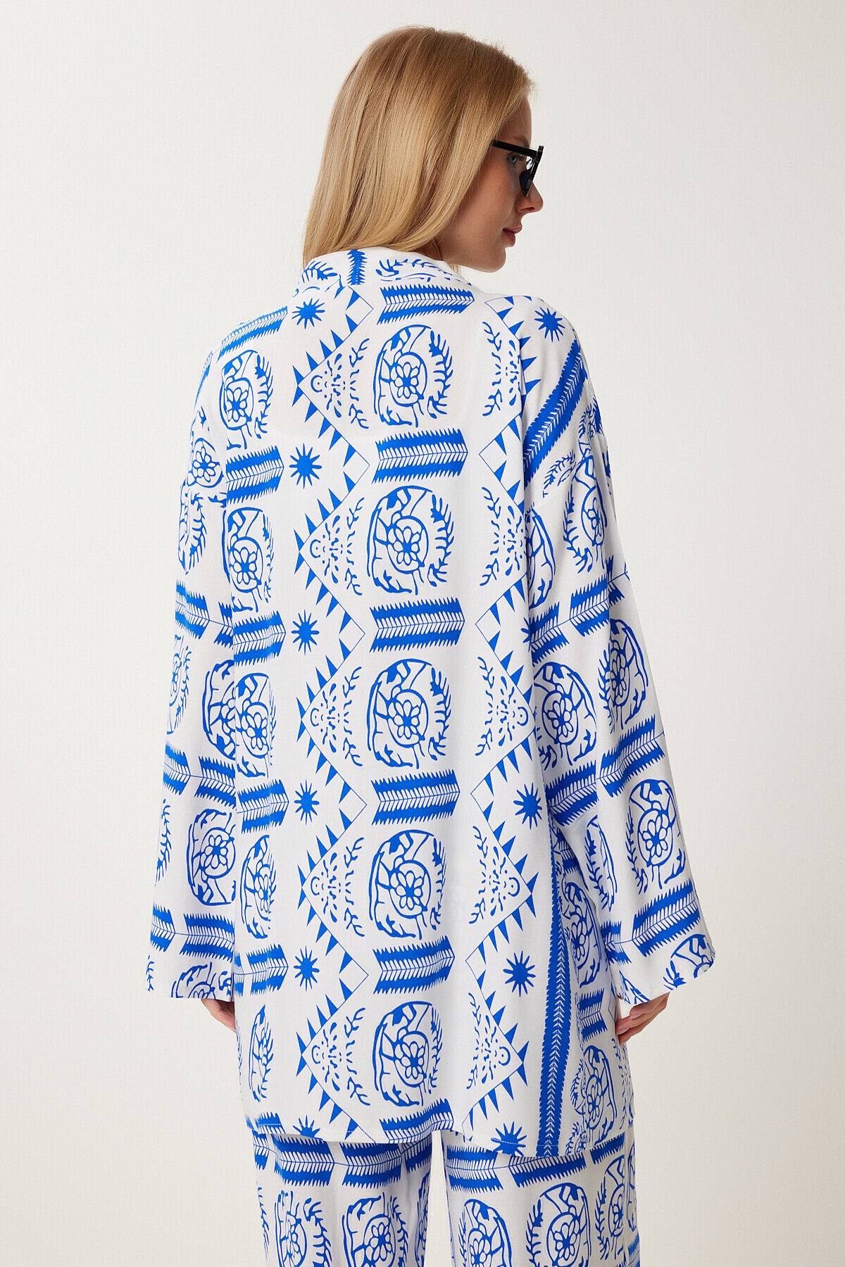 Desenli Yazlık Viskon Kimono Pantolon Takım MAVİ BEYAZ LJE0003