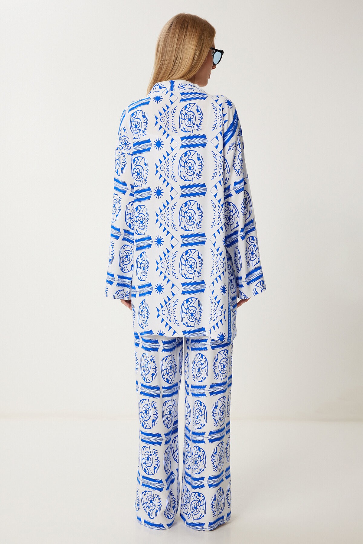Desenli Yazlık Viskon Kimono Pantolon Takım MAVİ BEYAZ LJE0003