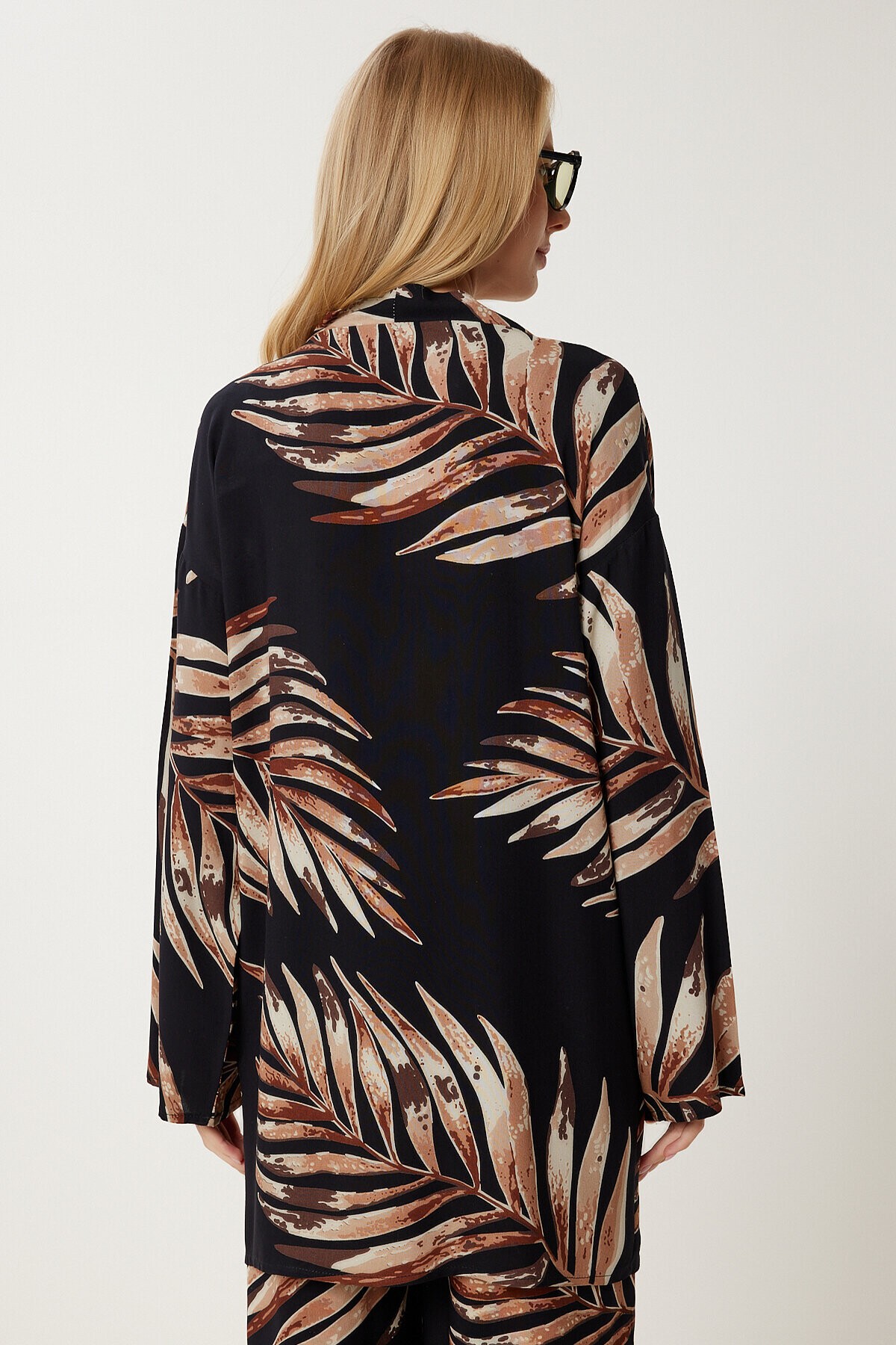 Desenli Yazlık Viskon Kimono Pantolon Takım SİYAH LJE0003