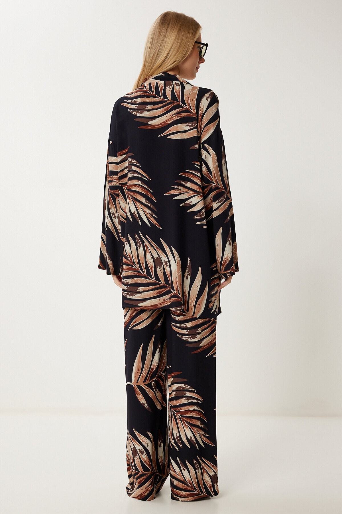Desenli Yazlık Viskon Kimono Pantolon Takım SİYAH LJE0003