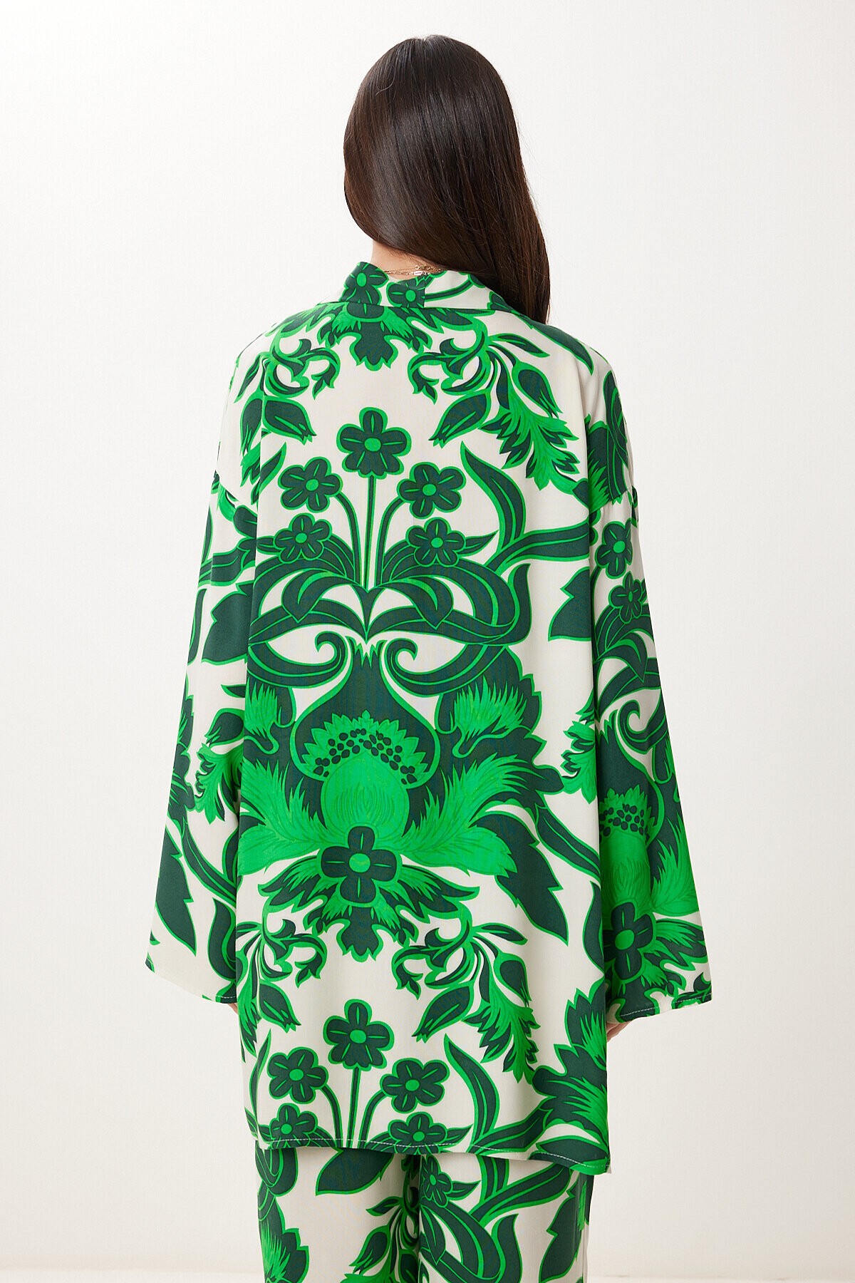 Desenli Yazlık Viskon Kimono Pantolon Takım YEŞİL KEMİK LJE0003