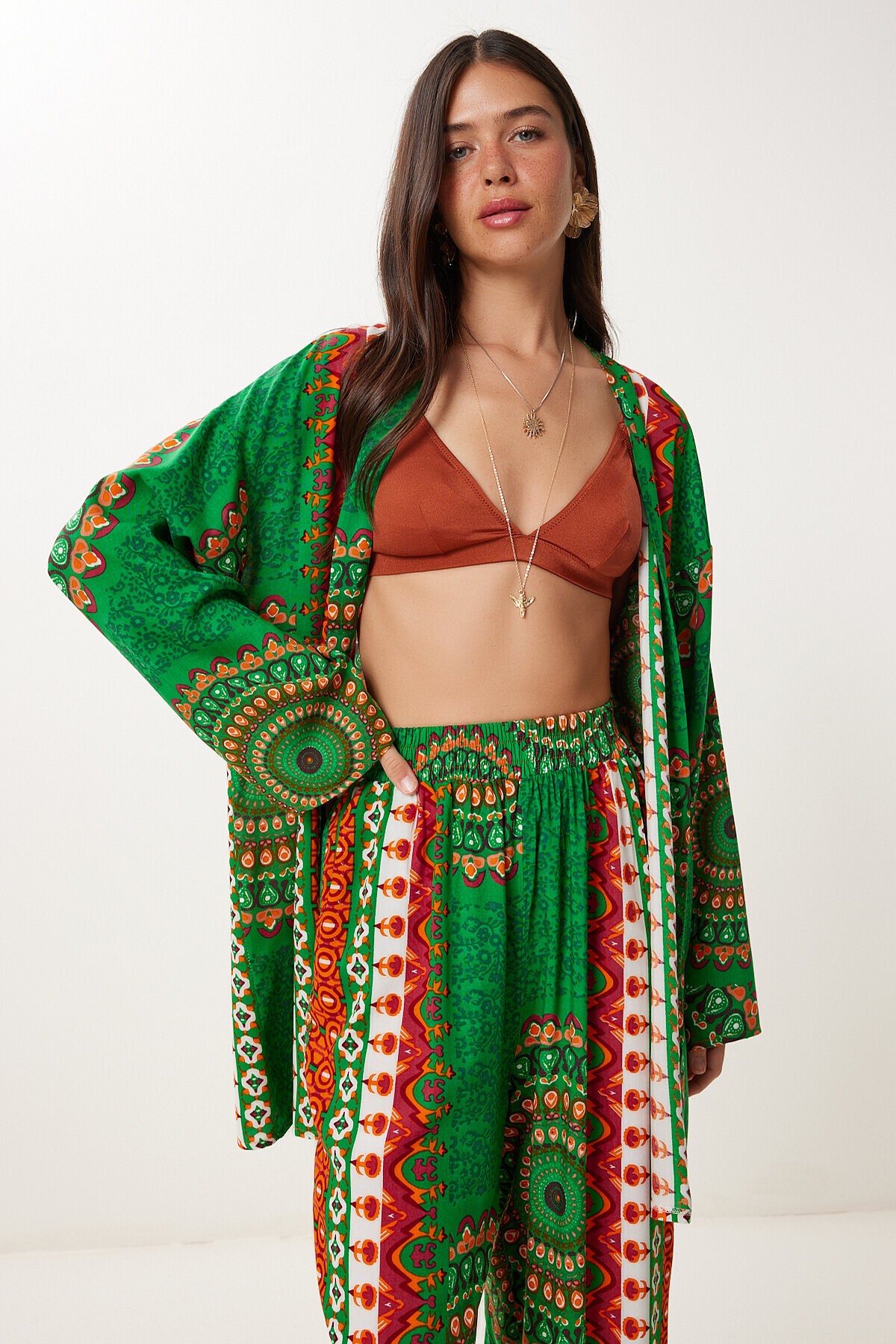 Desenli Yazlık Viskon Kimono Pantolon Takım YEŞİL ORANJ LJE0003