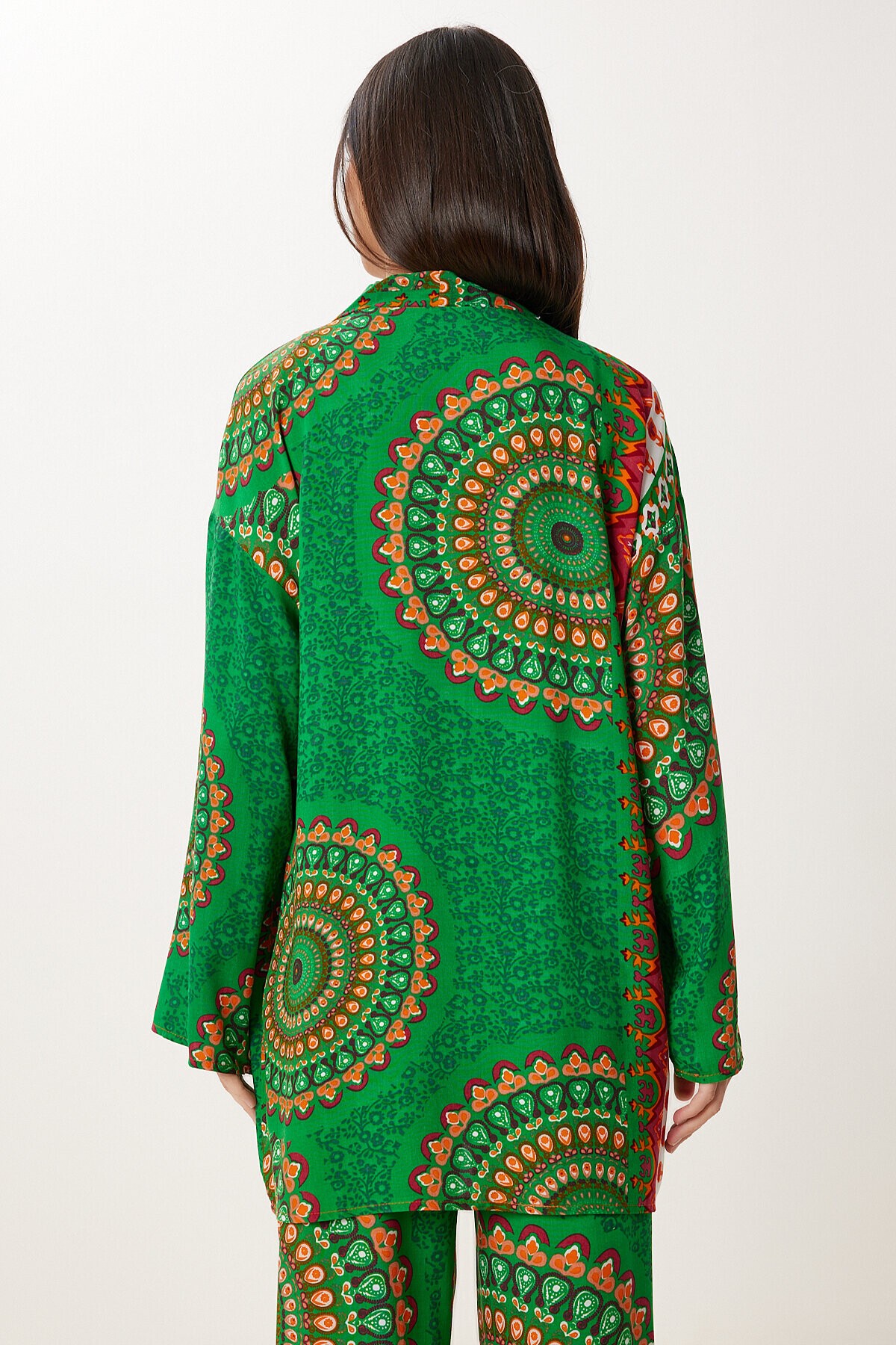 Desenli Yazlık Viskon Kimono Pantolon Takım YEŞİL ORANJ LJE0003