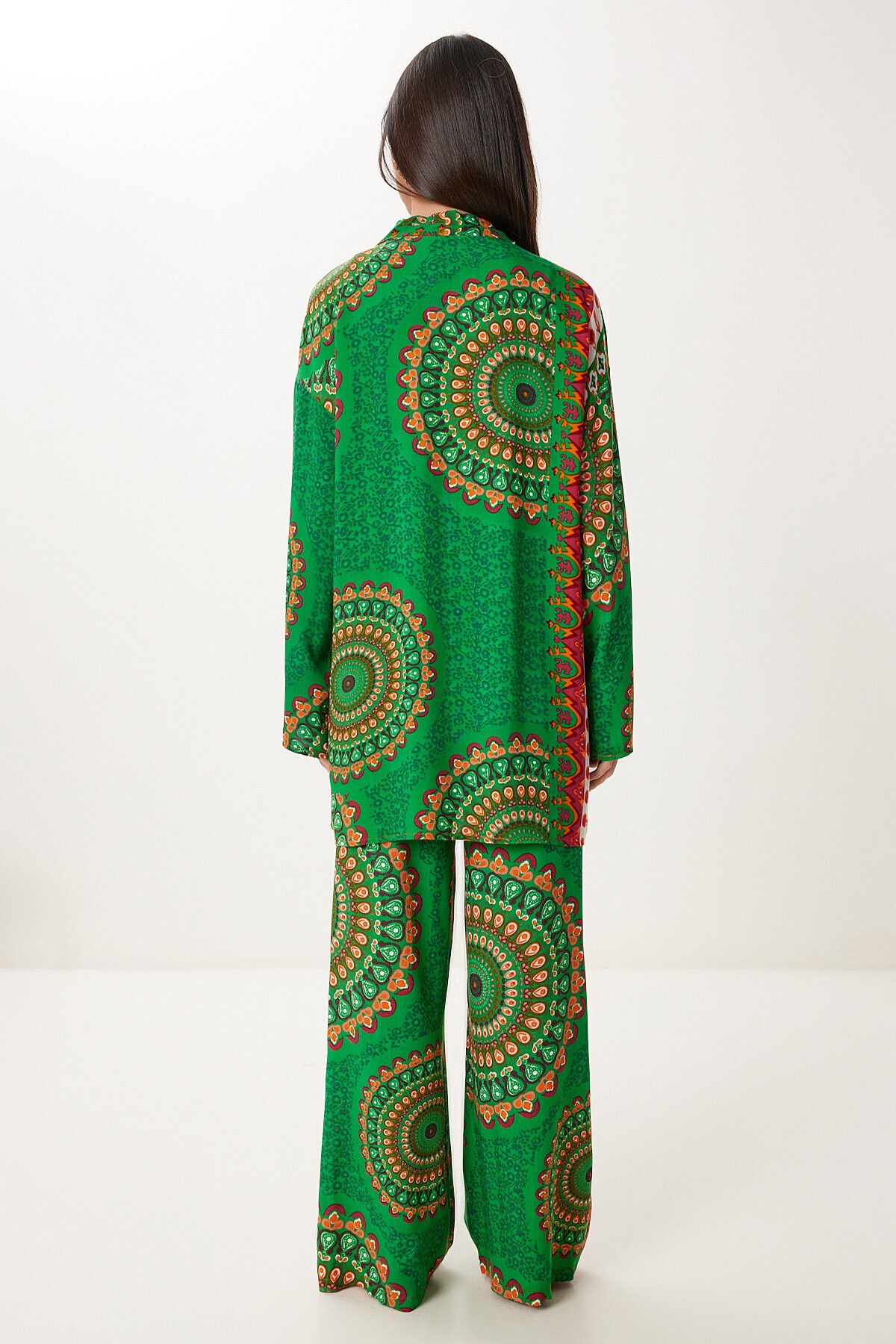 Desenli Yazlık Viskon Kimono Pantolon Takım YEŞİL ORANJ LJE0003