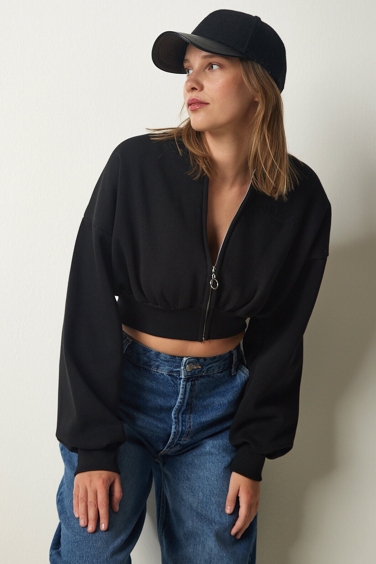 Fermuarlı Şardonlu Crop Örme Sweatshirt SİYAH LHF0012