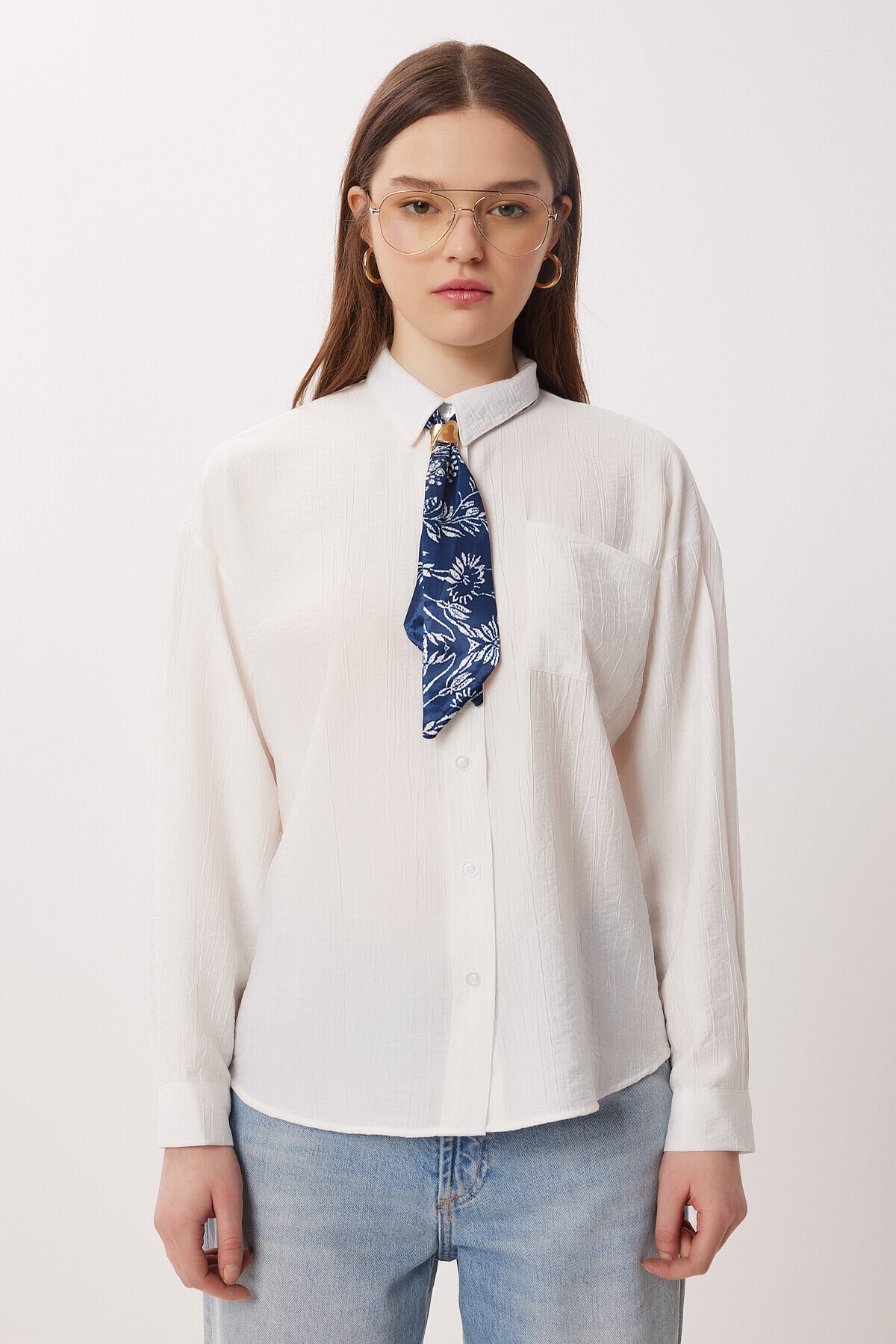 Fular Detaylı Oversize Dokuma Gömlek BEYAZ LDZ0061