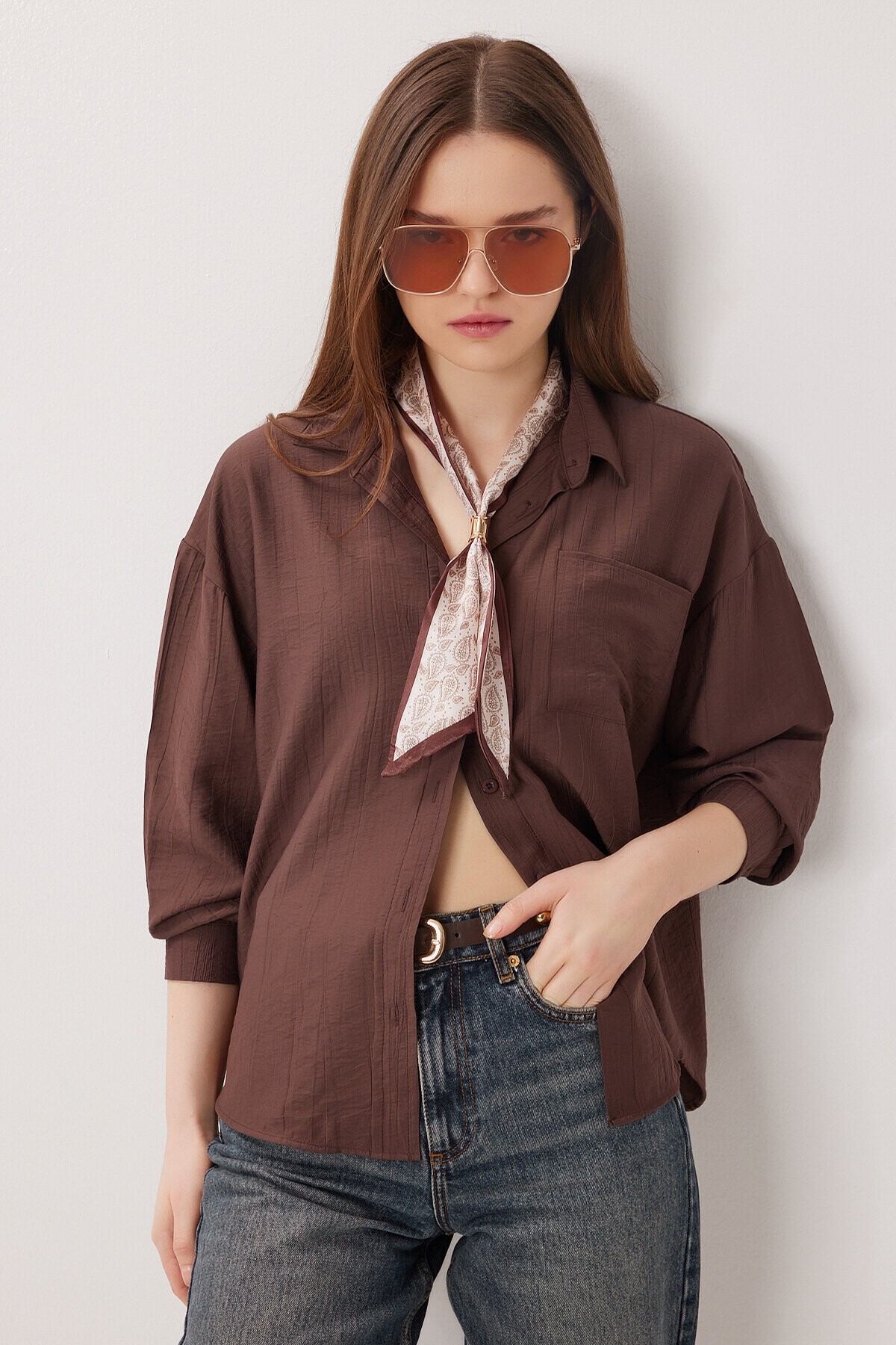 Fular Detaylı Oversize Dokuma Gömlek KAHVERENGİ LDZ0061