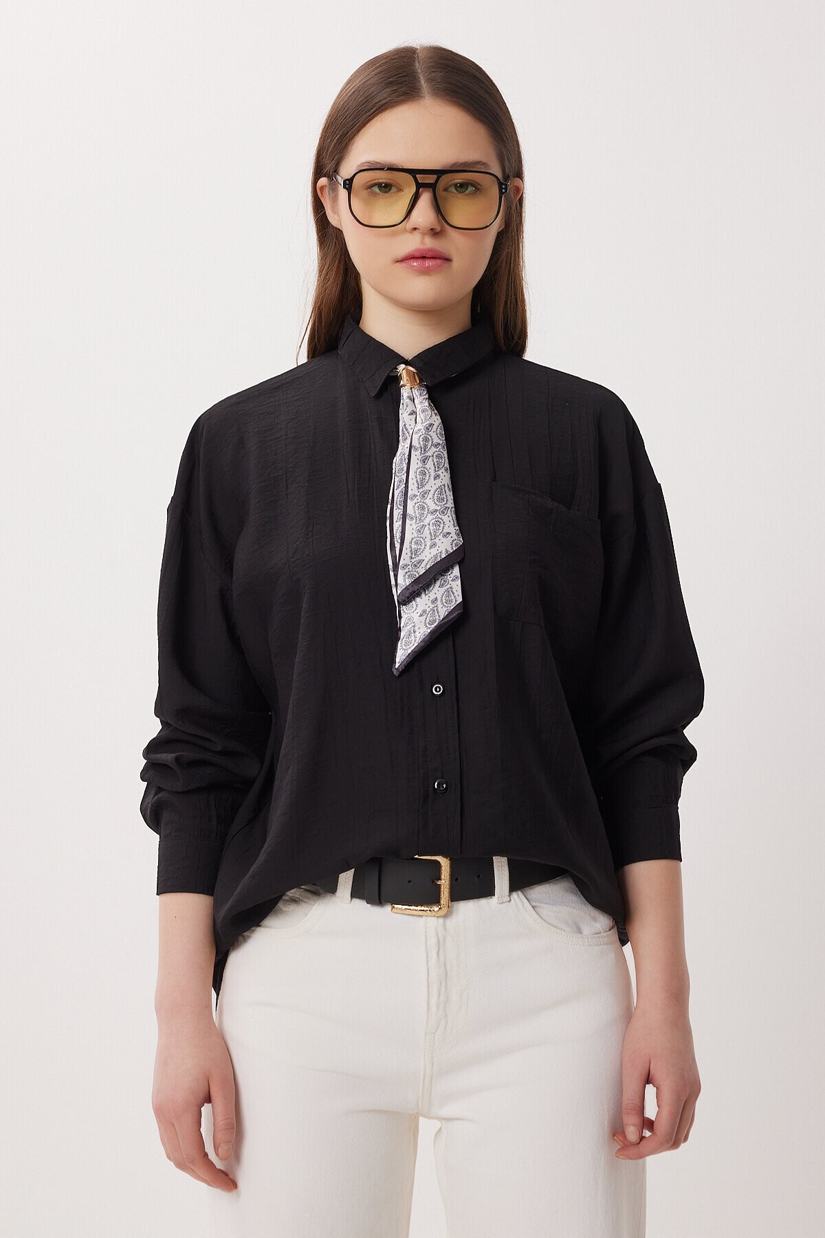 Fular Detaylı Oversize Dokuma Gömlek SİYAH LDZ0061