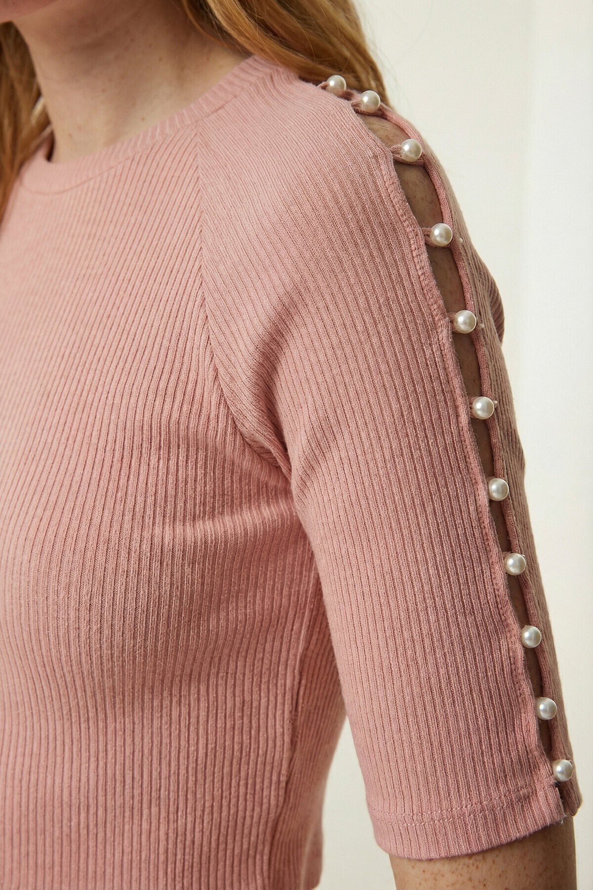 İnci Detaylı Crop Örme Bluz ??? PEMBE LEX0007