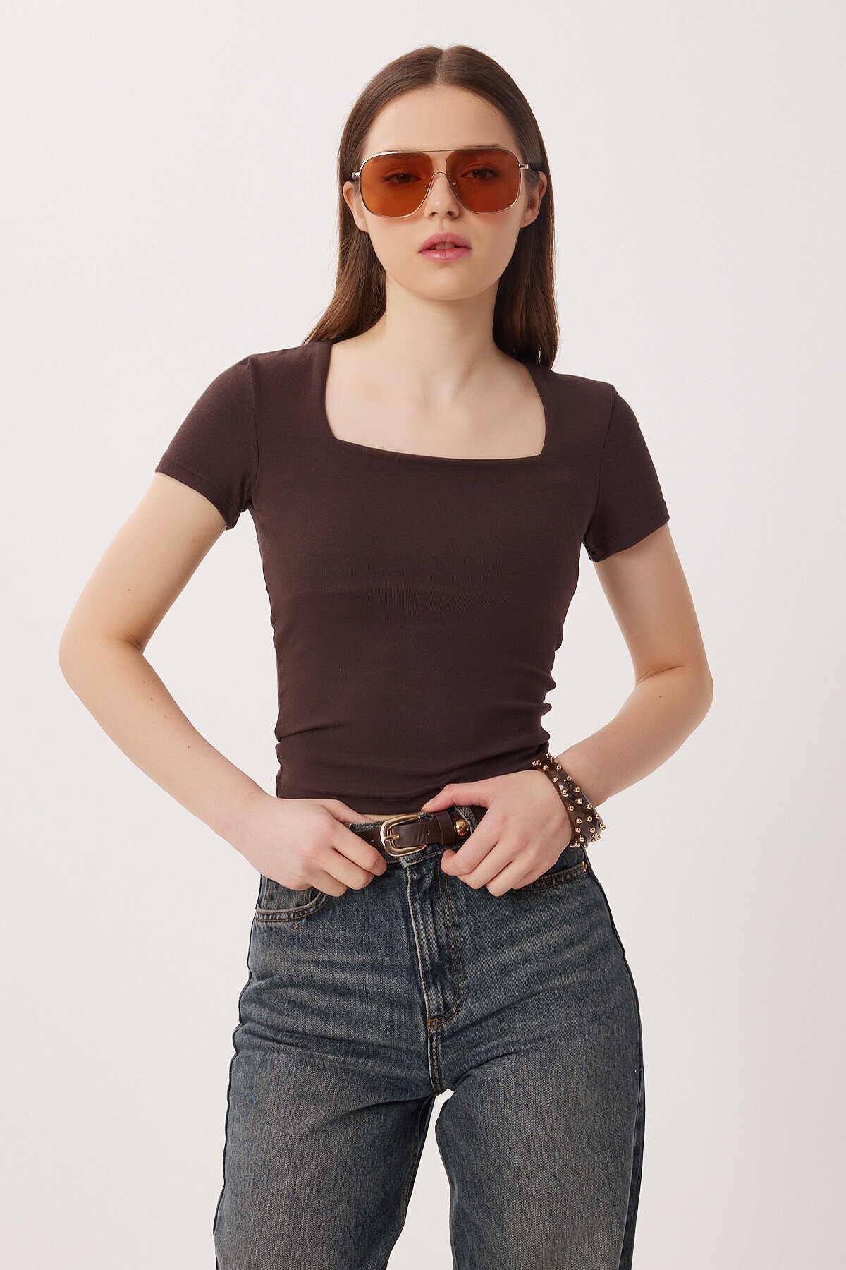 Kare Yaka Basic Örme T-shirt KAHVERENGİ LDZ0060