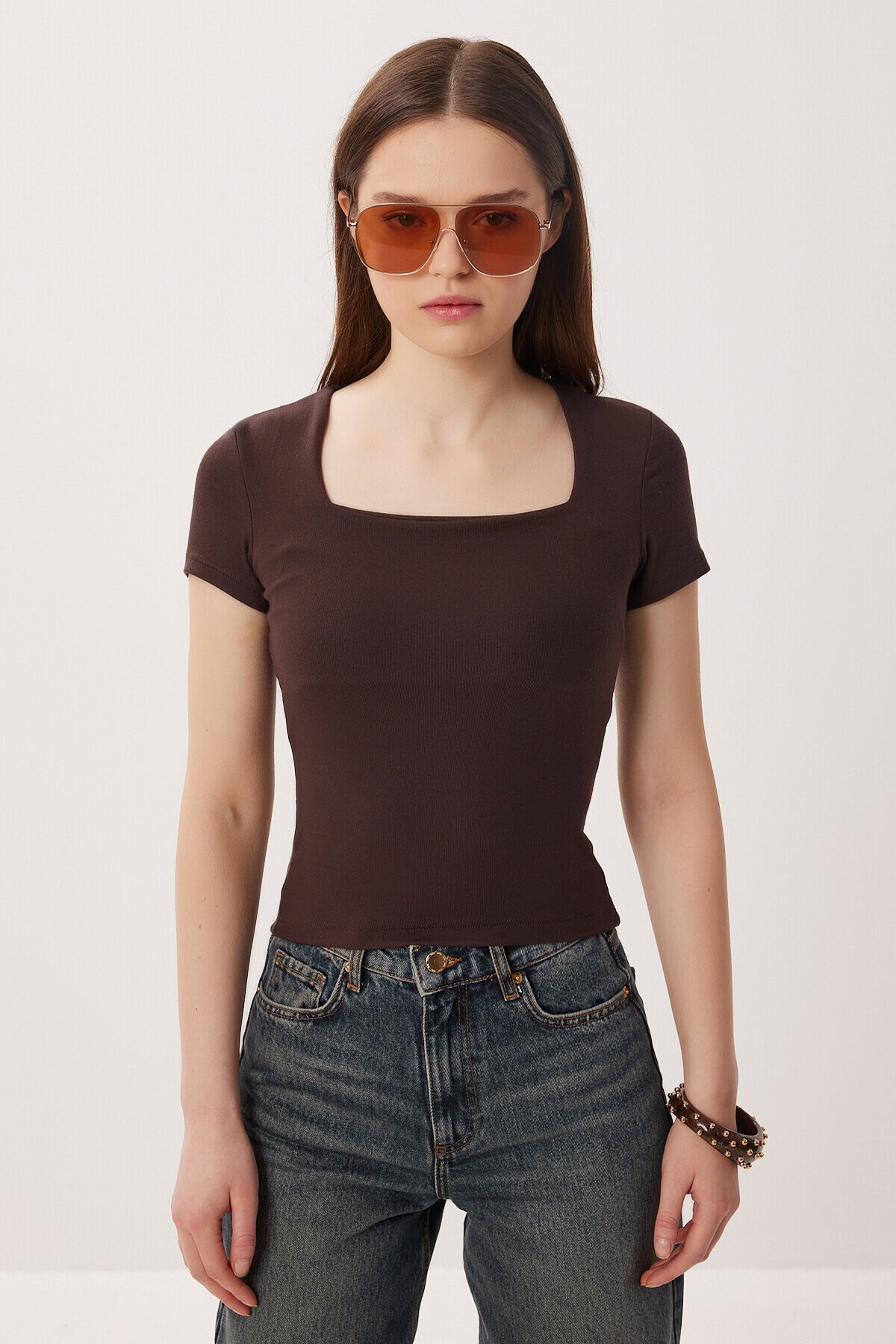 Kare Yaka Basic Örme T-shirt KAHVERENGİ LDZ0060
