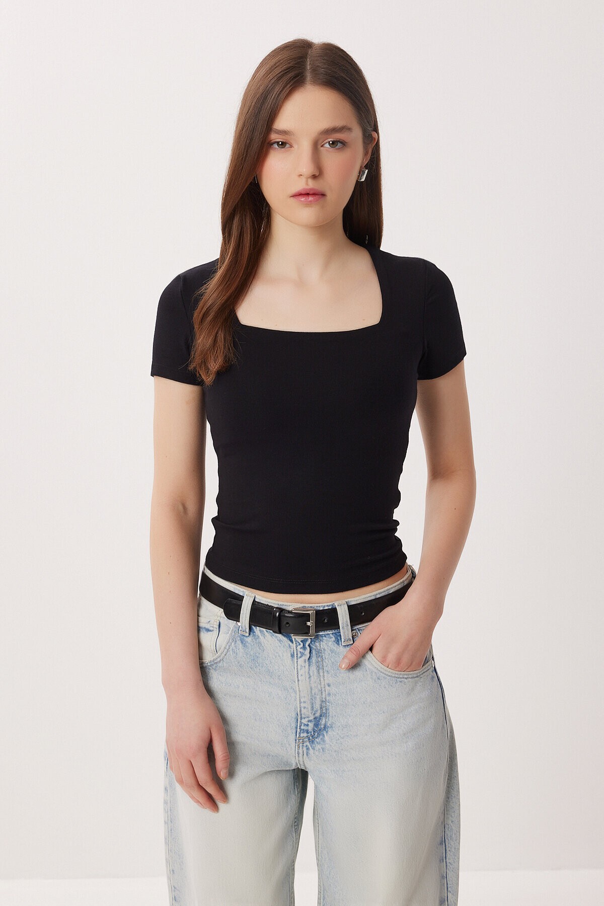 Kare Yaka Basic Örme T-shirt SİYAH LDZ0060