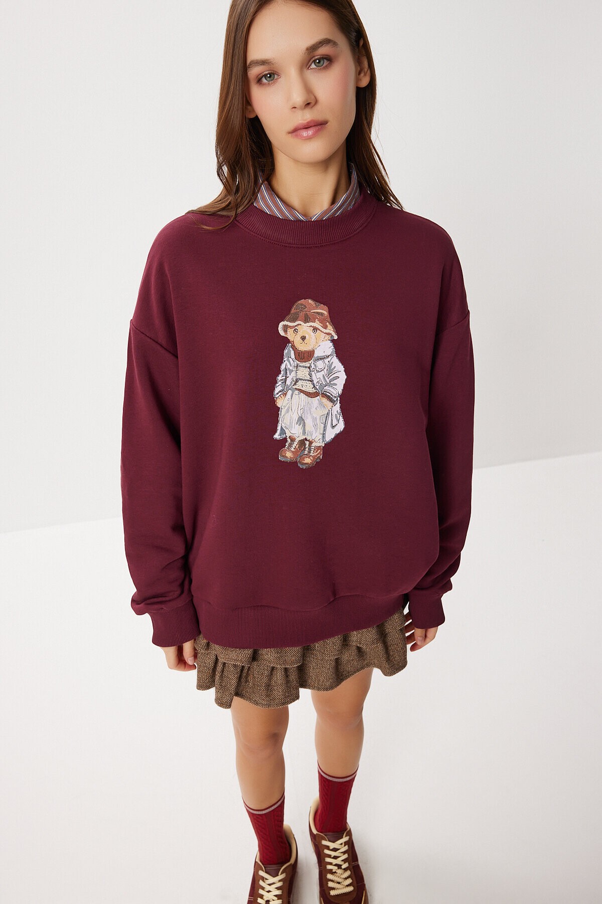 Oversize Ayıcık Baskılı Örme Sweatshirt BORDO LFN0135