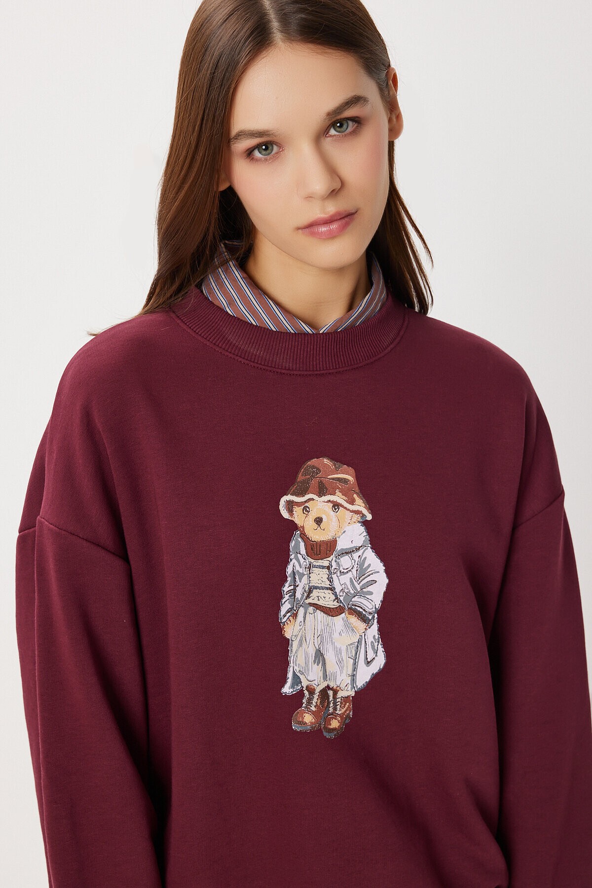 Oversize Ayıcık Baskılı Örme Sweatshirt BORDO LFN0135