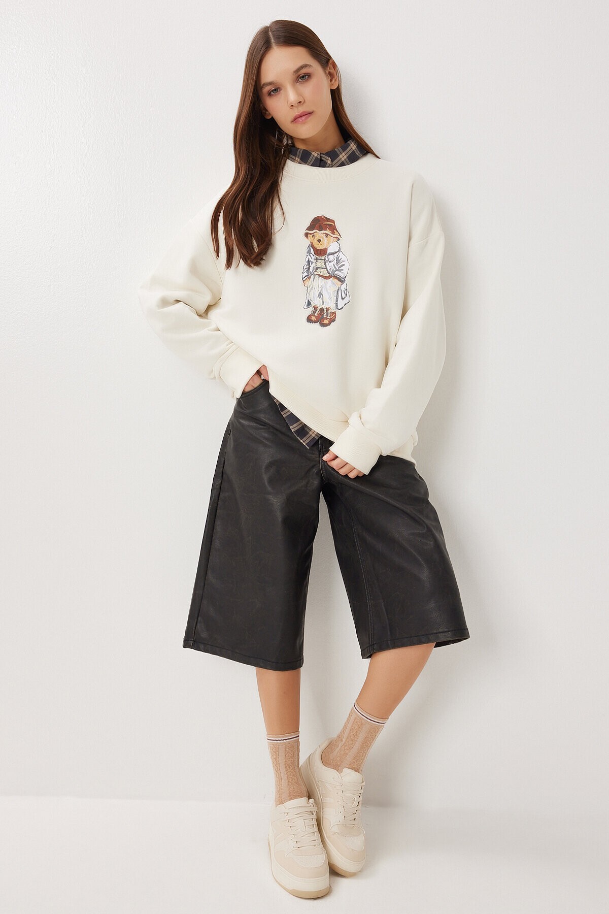 Oversize Ayıcık Baskılı Örme Sweatshirt KREM LFN0135