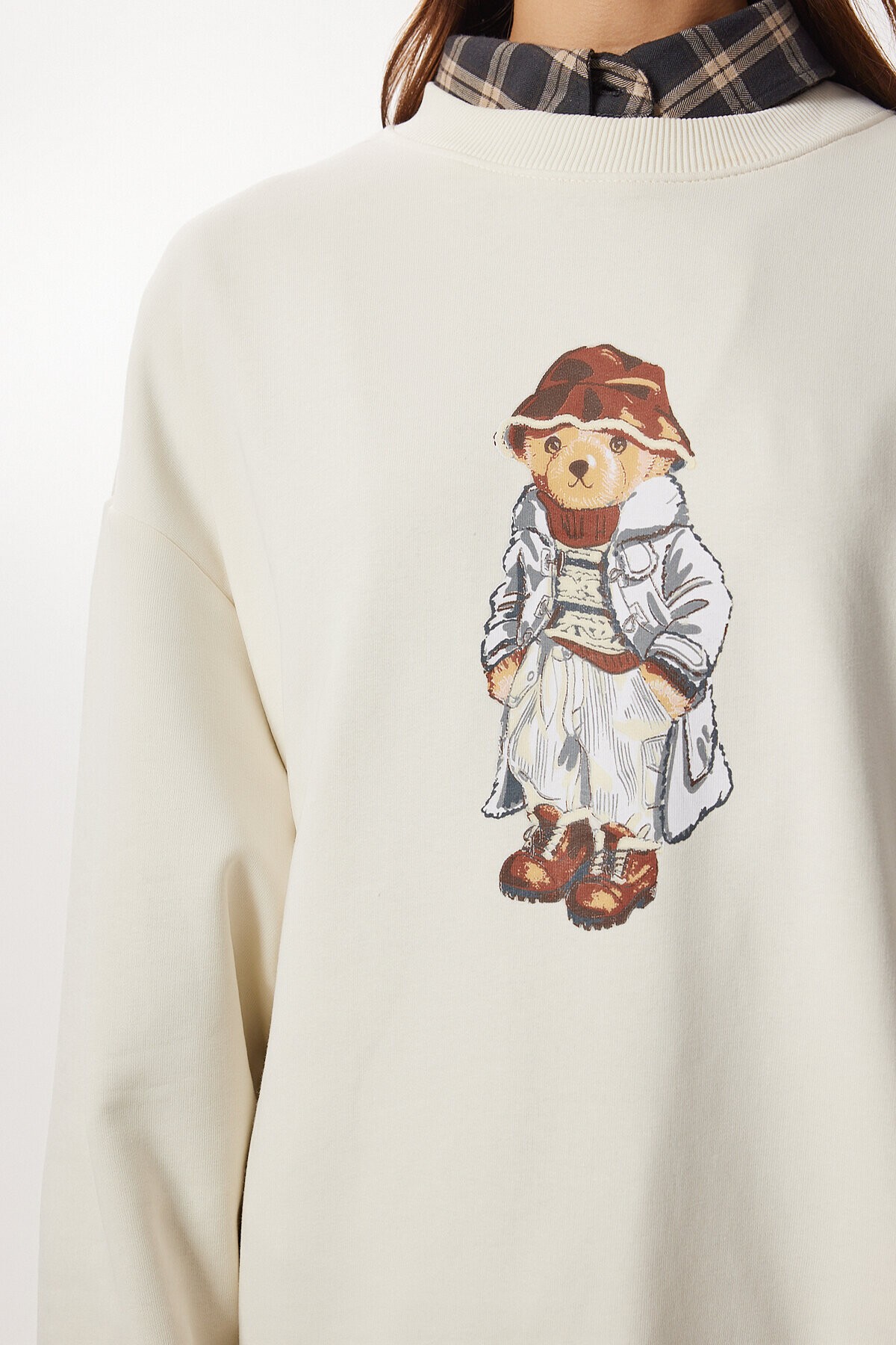 Oversize Ayıcık Baskılı Örme Sweatshirt KREM LFN0135