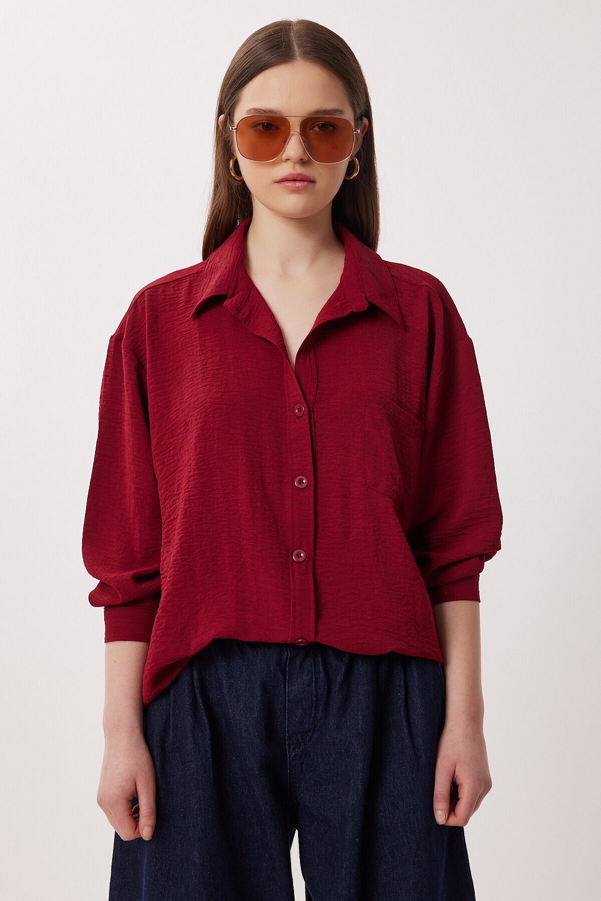 Oversize Cepli Dokuma Gömlek BORDO LDZ0063