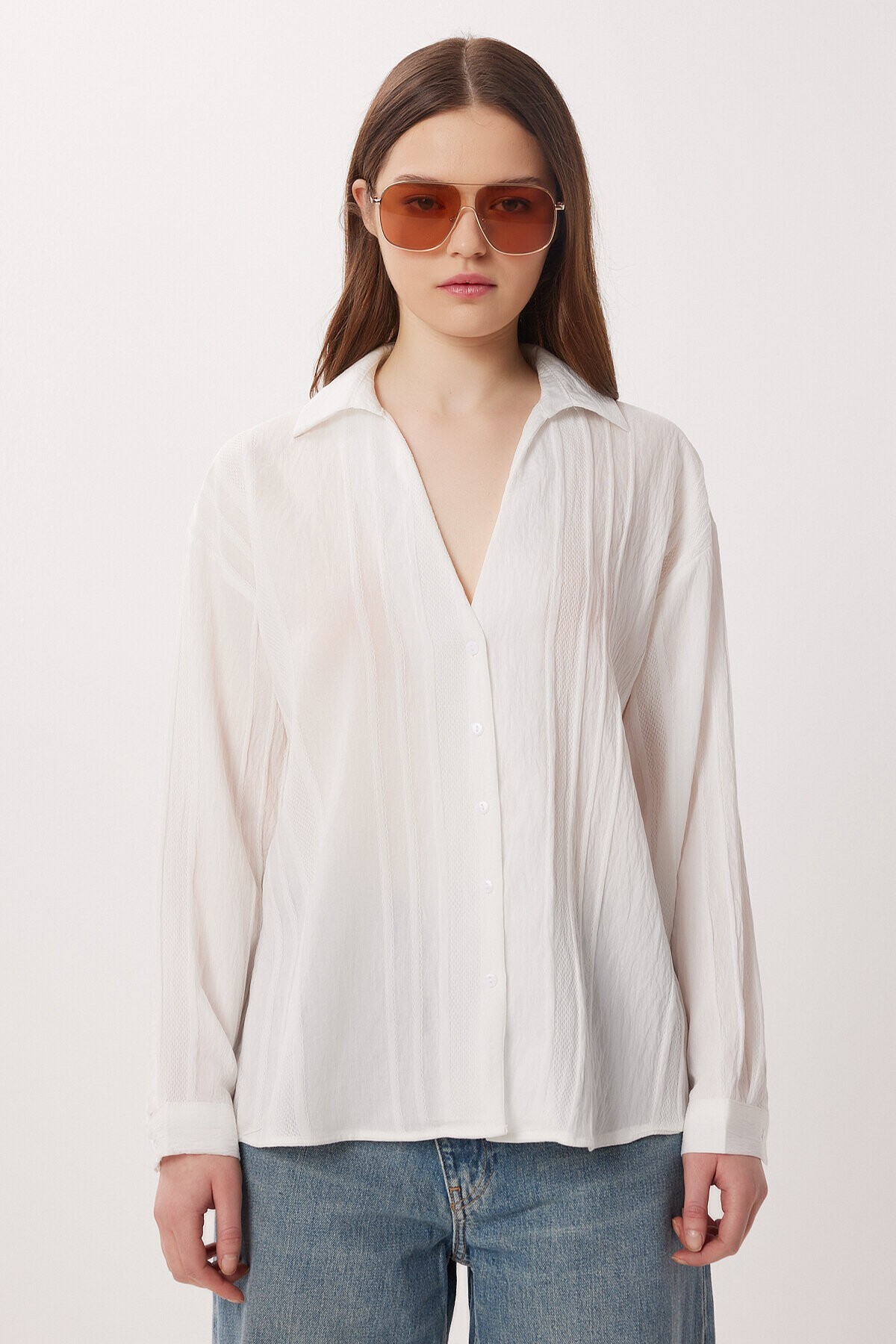 Oversize İşlemeli Dokuma Gömlek EKRU LDZ0062