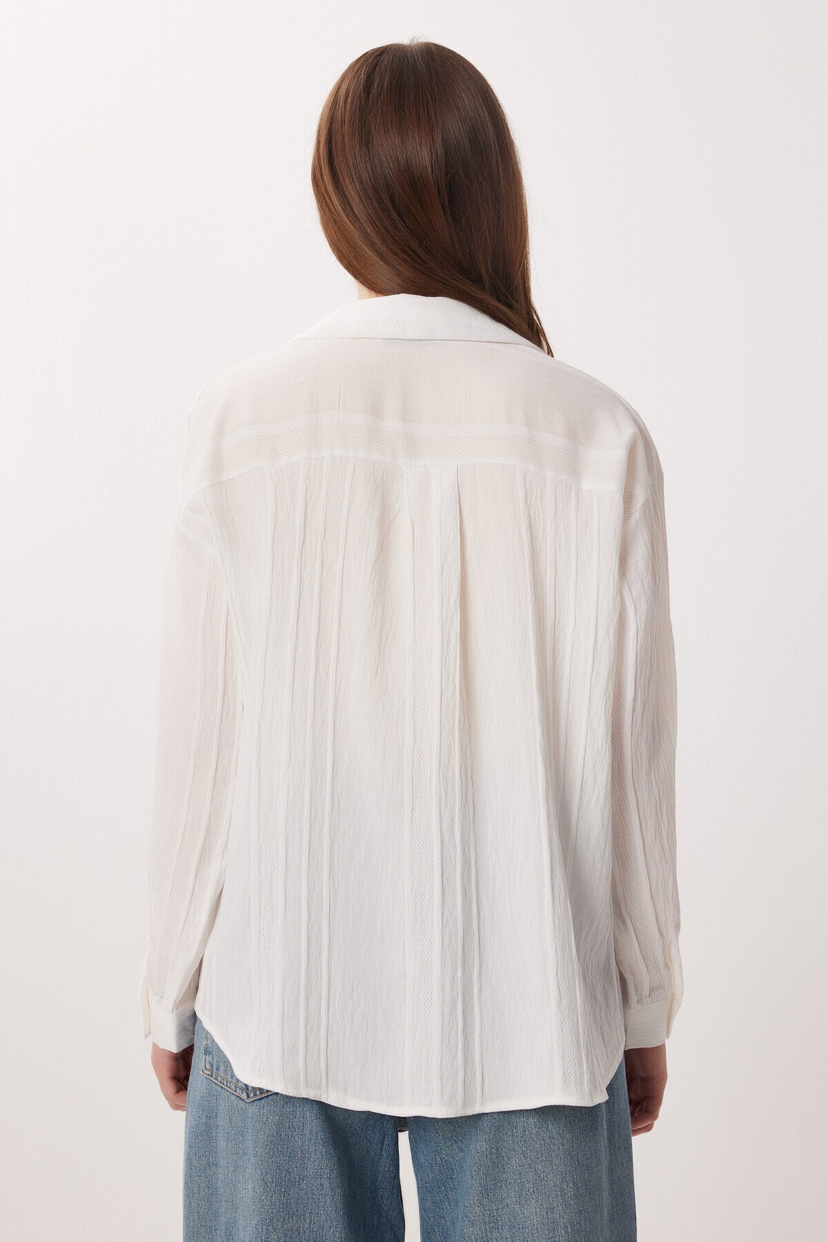 Oversize İşlemeli Dokuma Gömlek EKRU LDZ0062