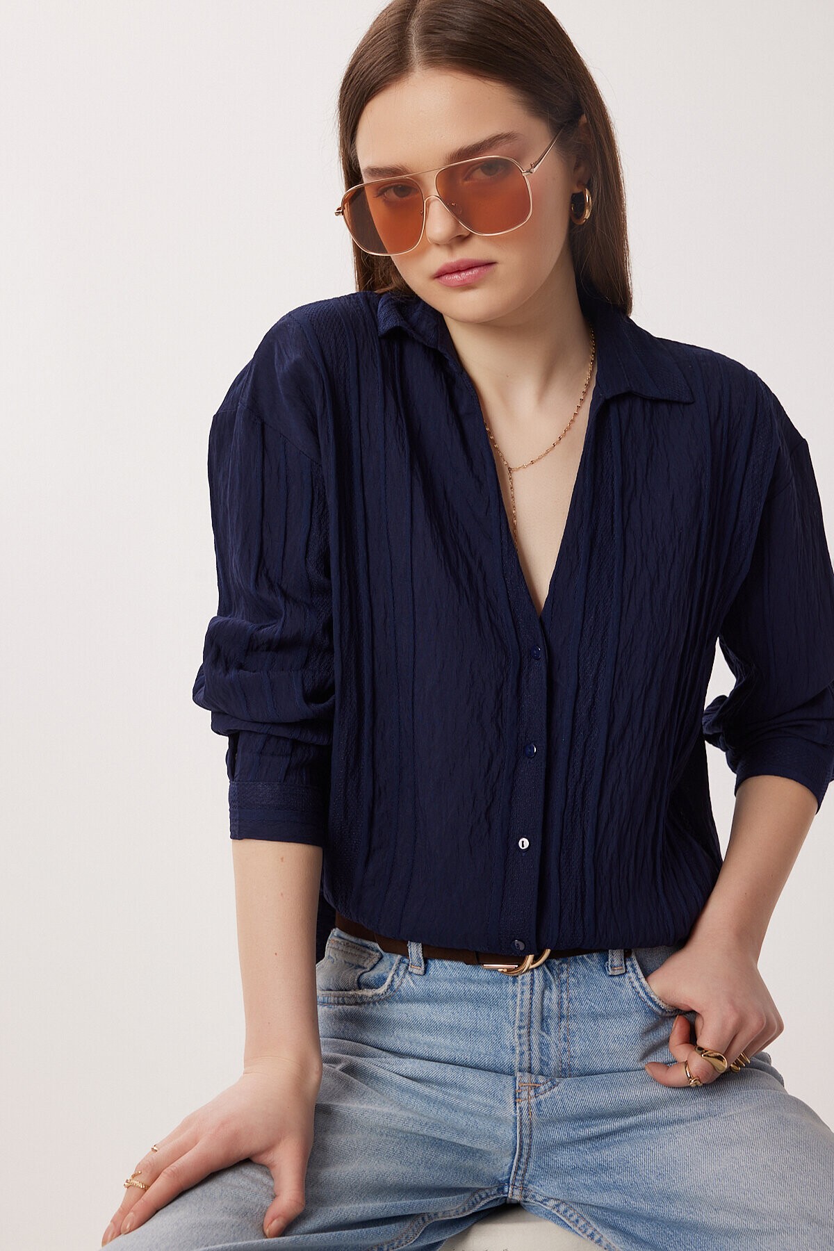 Oversize İşlemeli Dokuma Gömlek LACİVERT LDZ0062
