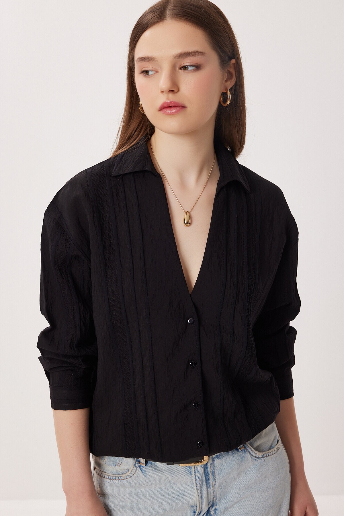 Oversize İşlemeli Dokuma Gömlek SİYAH LDZ0062