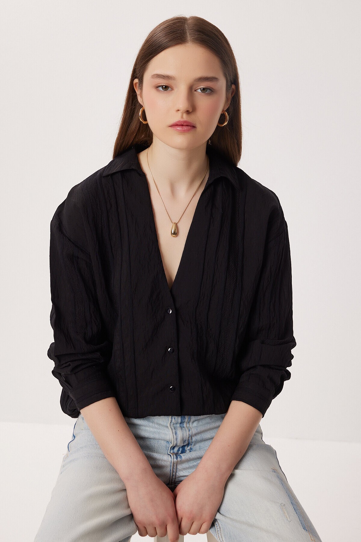 Oversize İşlemeli Dokuma Gömlek SİYAH LDZ0062