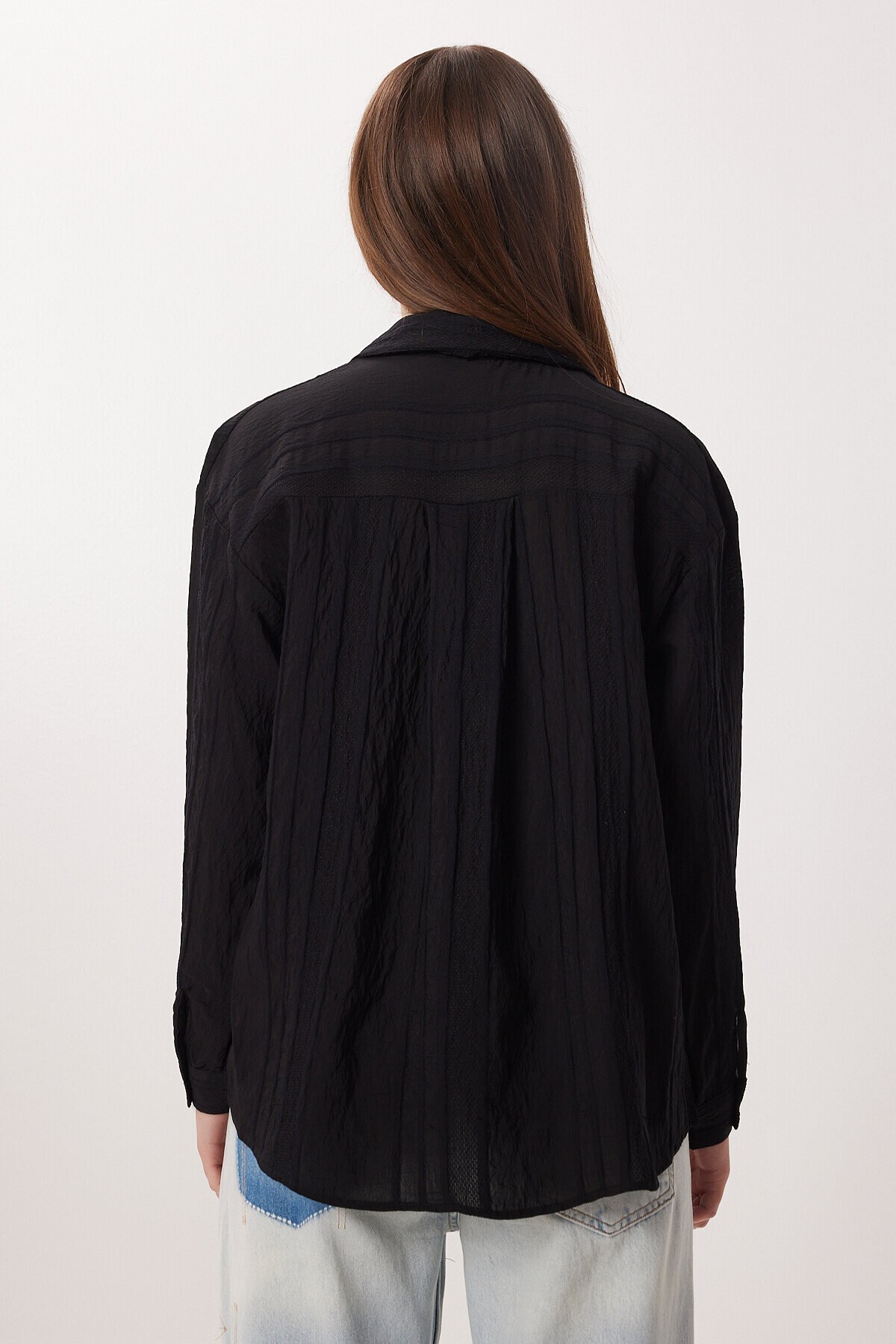 Oversize İşlemeli Dokuma Gömlek SİYAH LDZ0062