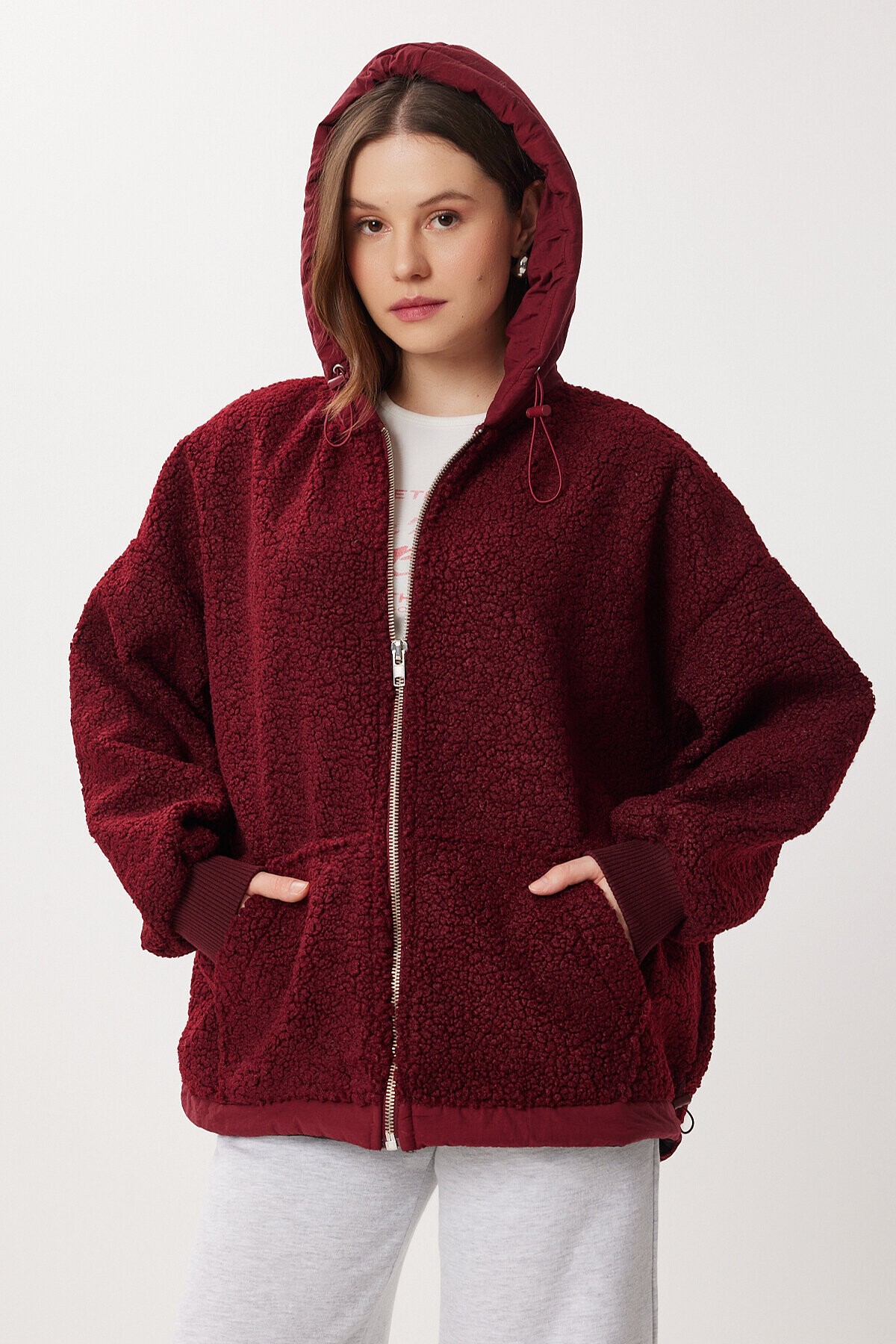 Oversize Kapüşonlu Kontrast Peluş Mont BORDO LFG0172