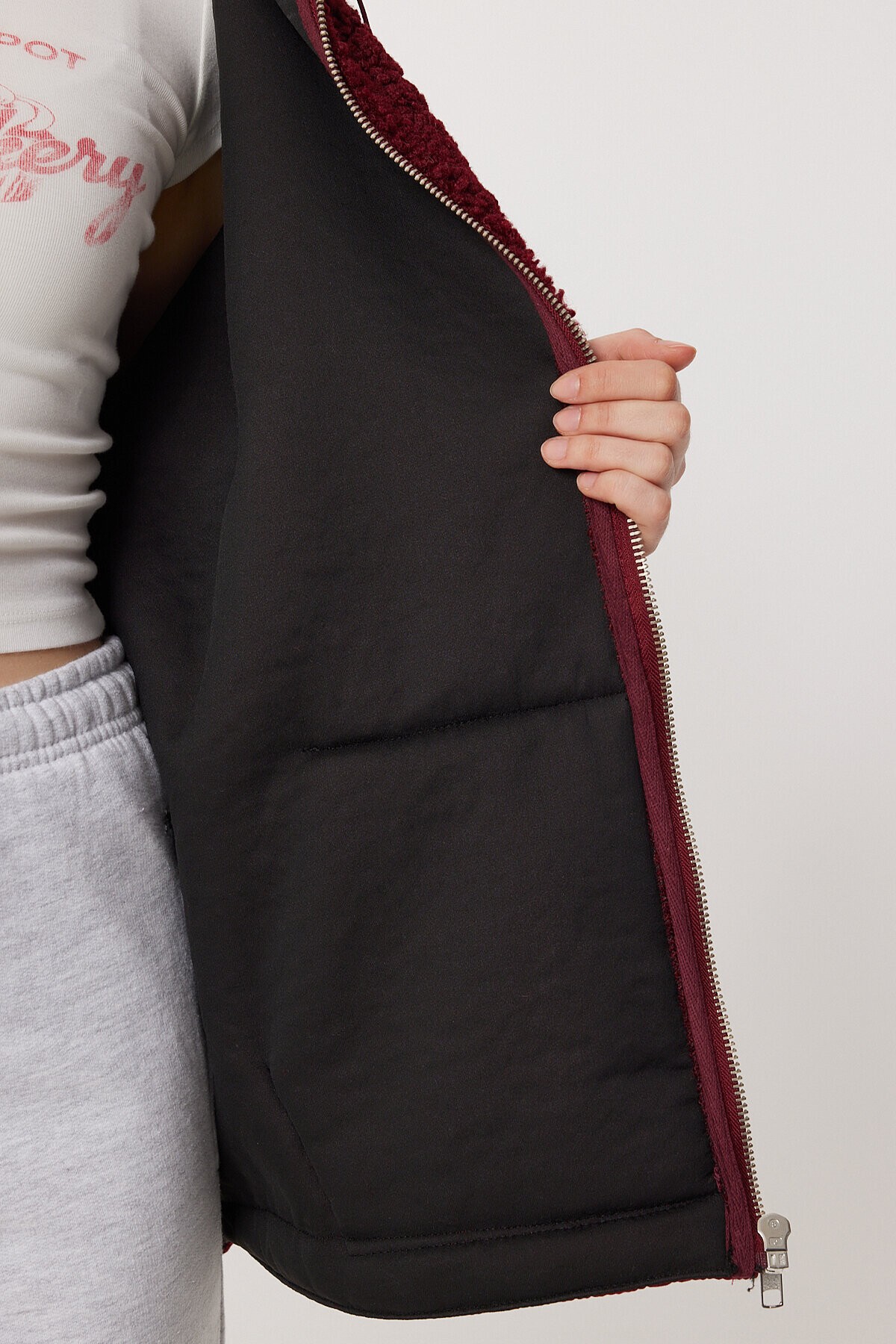 Oversize Kapüşonlu Kontrast Peluş Mont BORDO LFG0172