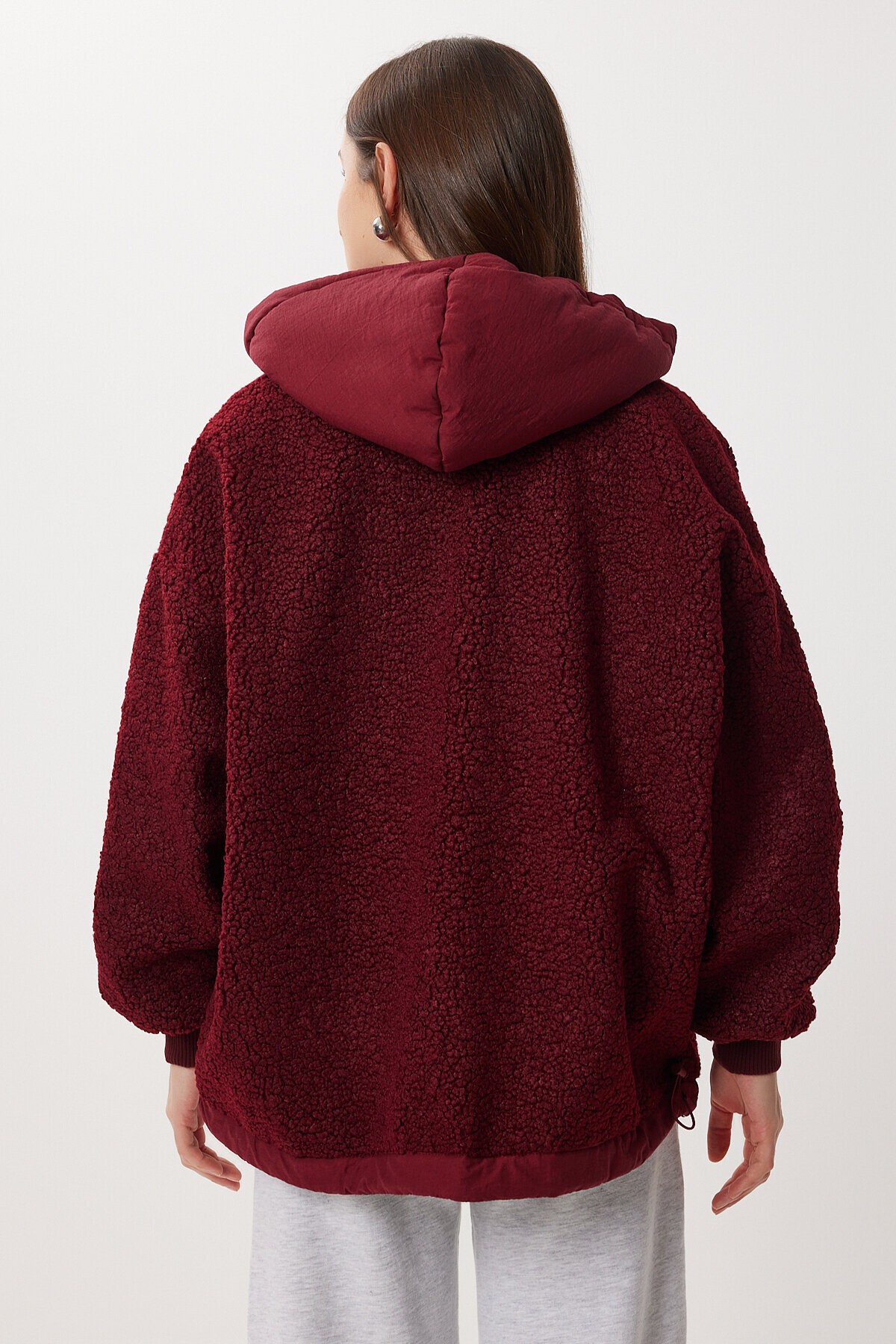 Oversize Kapüşonlu Kontrast Peluş Mont BORDO LFG0172