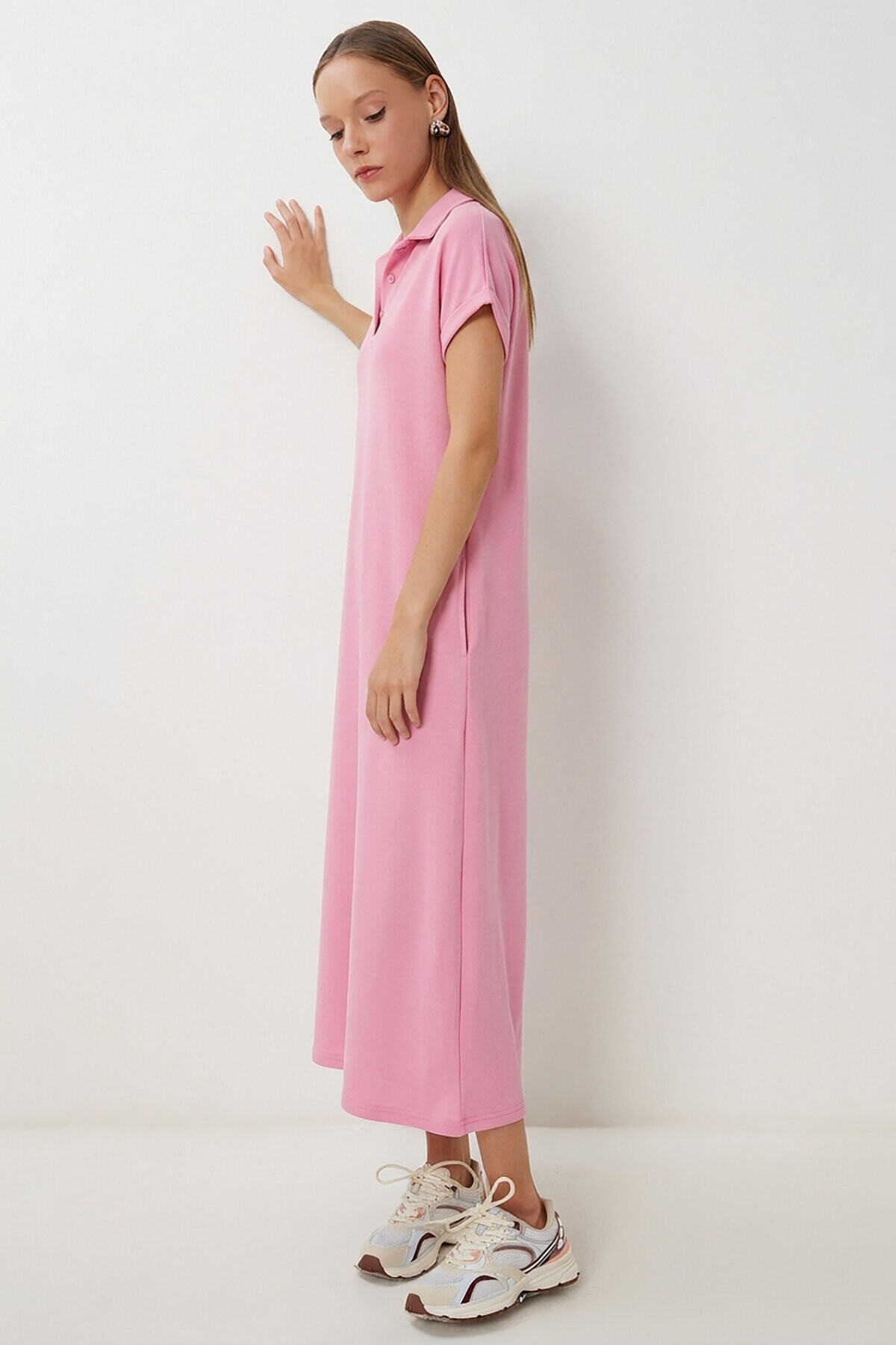 Polo Yaka Cepli Örme Elbise PEMBE LDZ0038