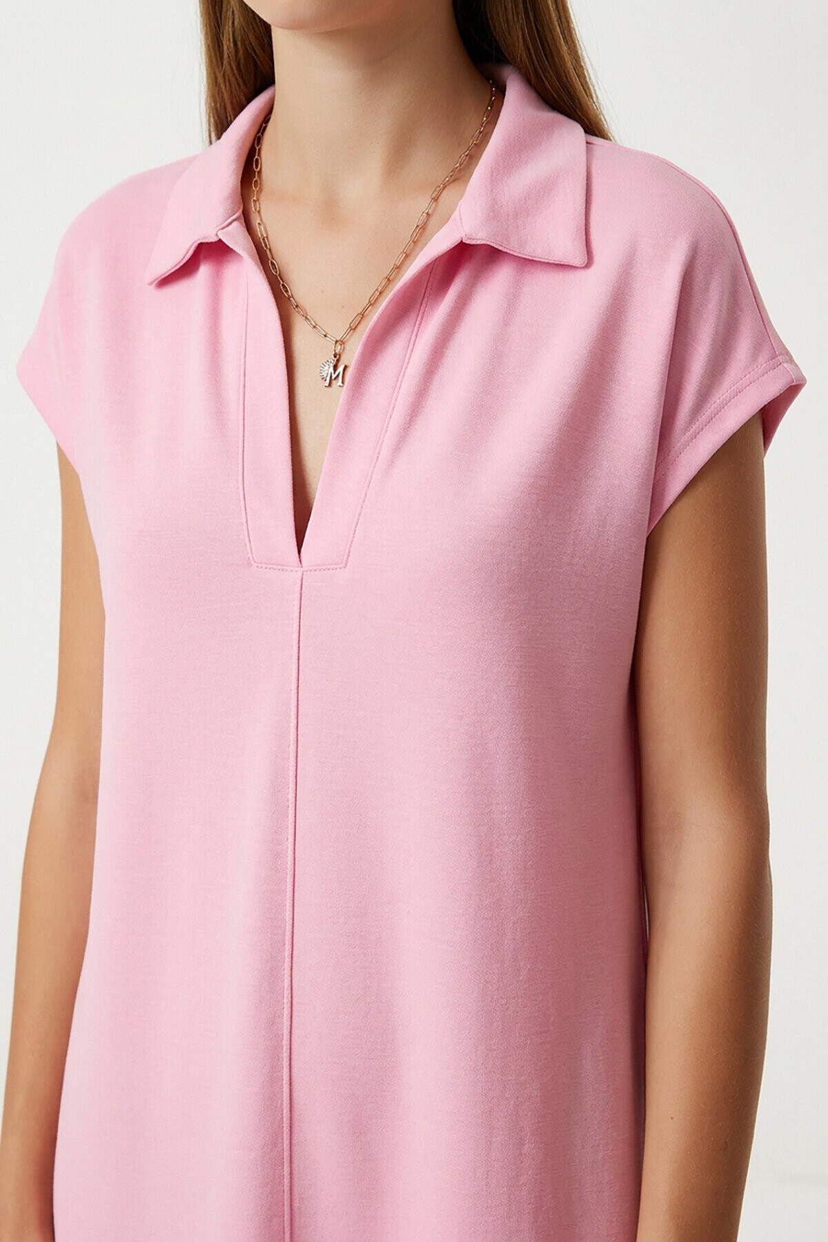 Polo Yaka Cepli Örme Elbise PEMBE LDZ0038