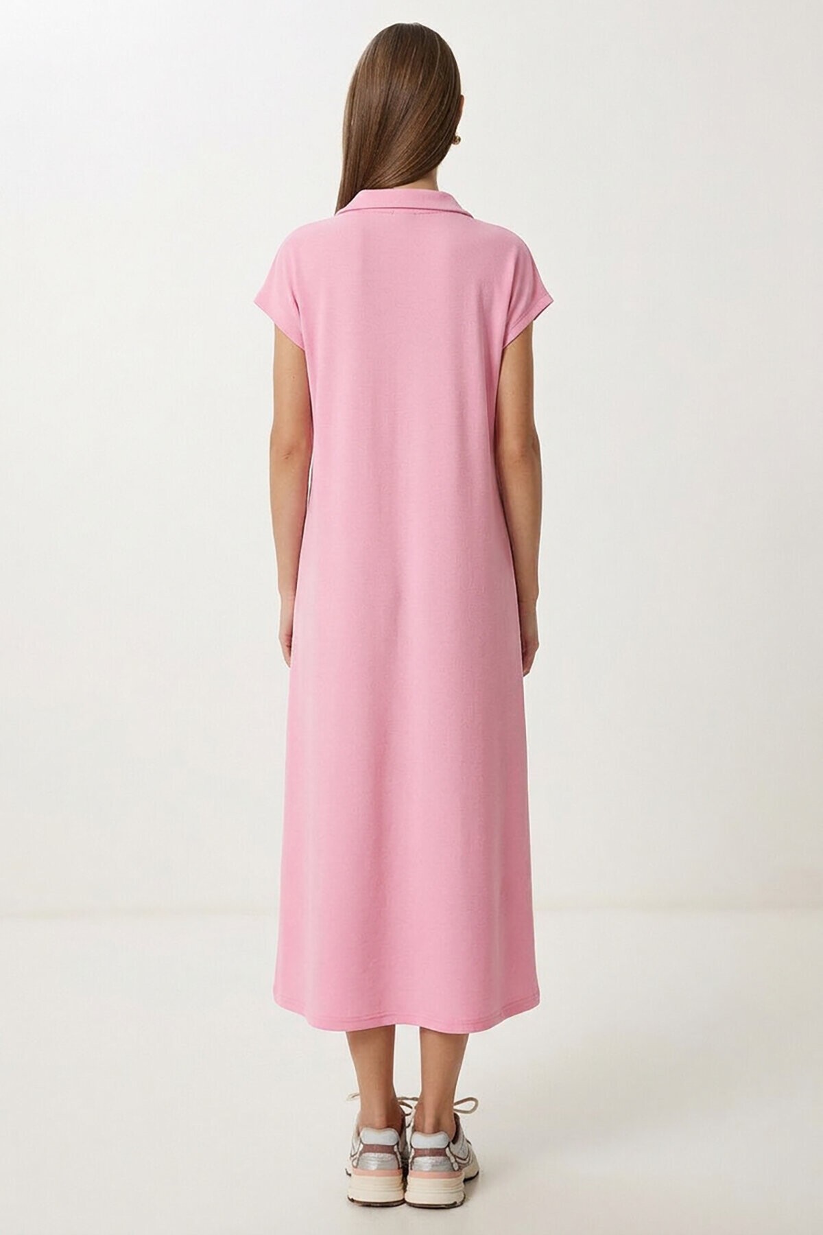 Polo Yaka Cepli Örme Elbise PEMBE LDZ0038