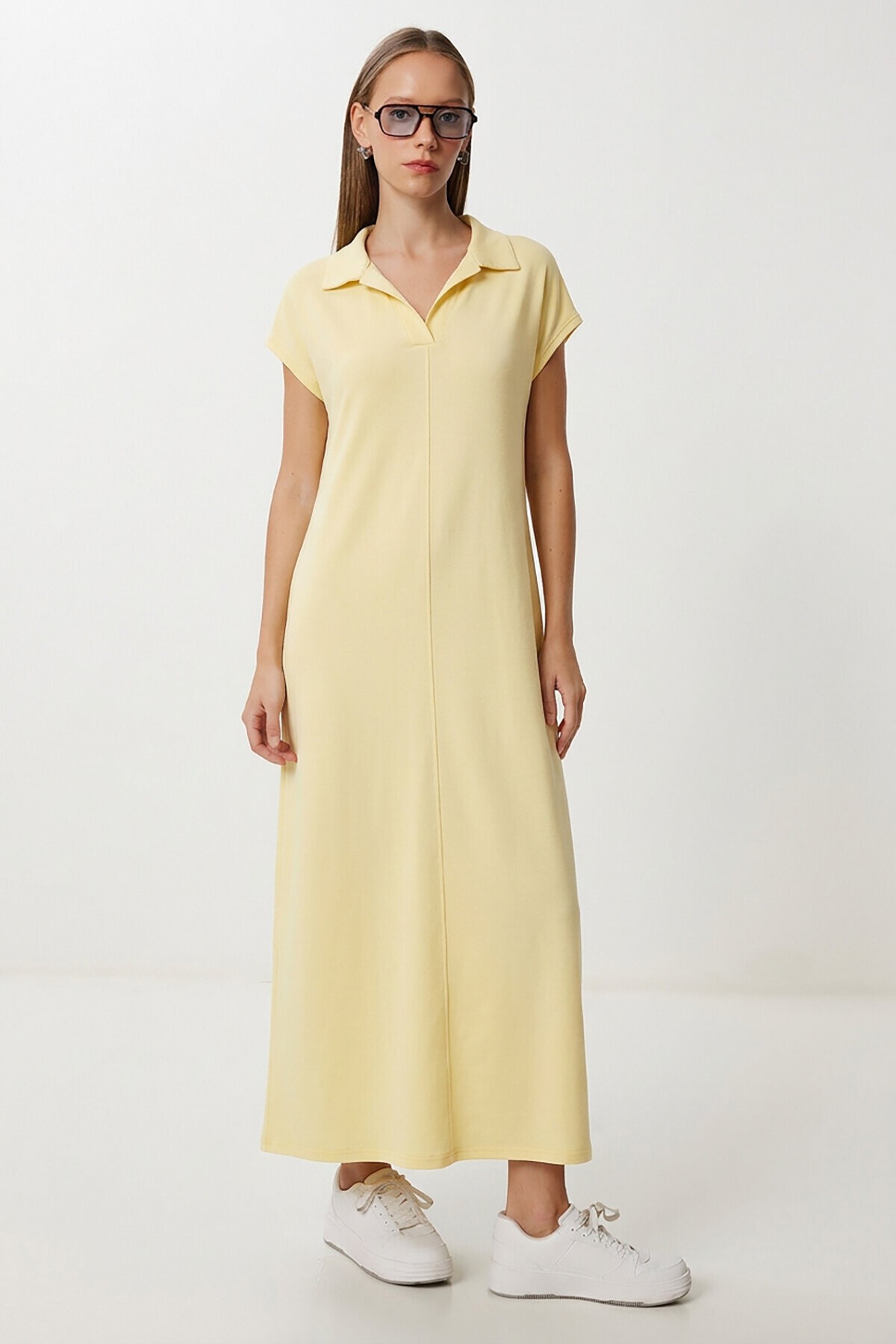 Polo Yaka Cepli Örme Elbise SARI LDZ0038