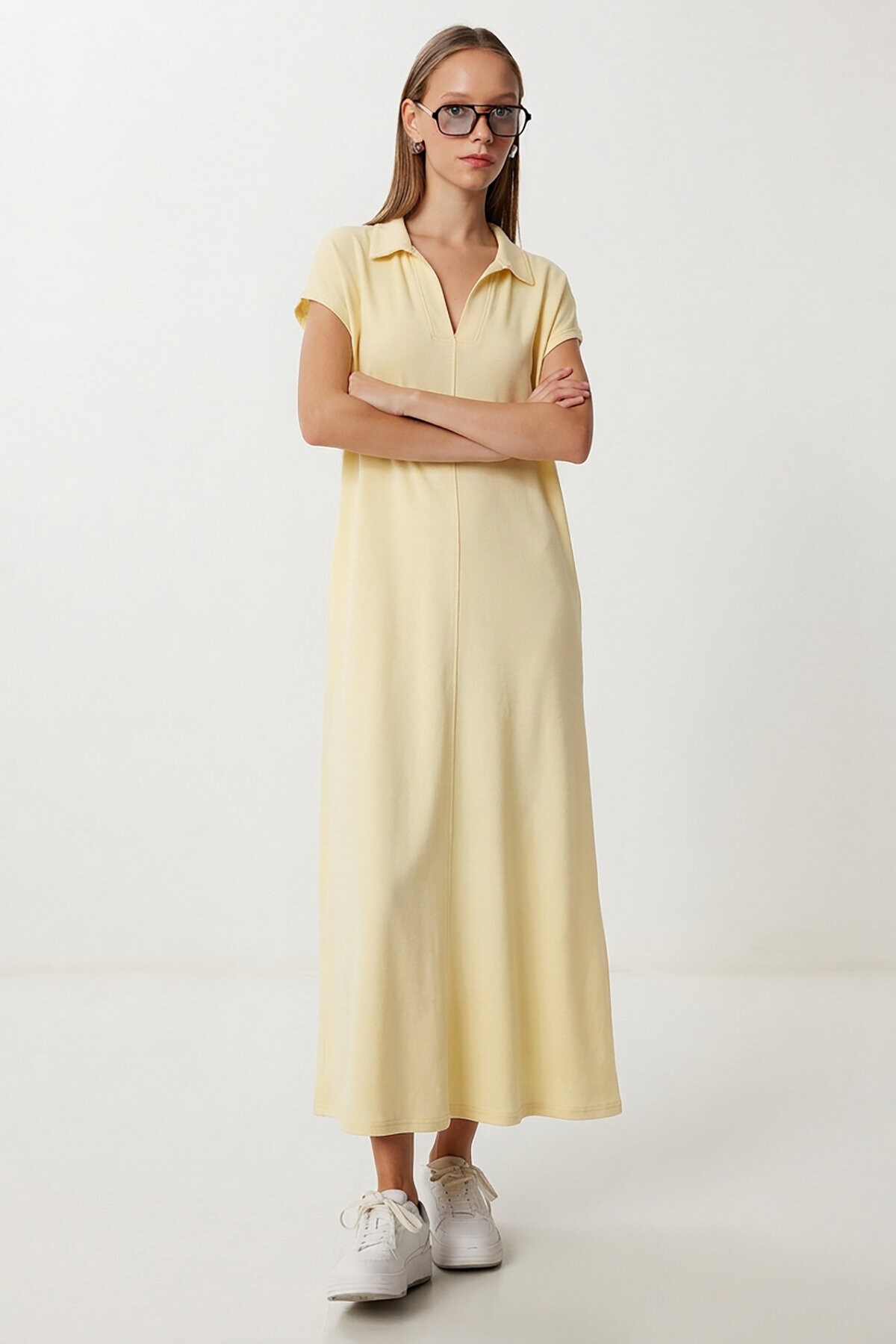 Polo Yaka Cepli Örme Elbise SARI LDZ0038