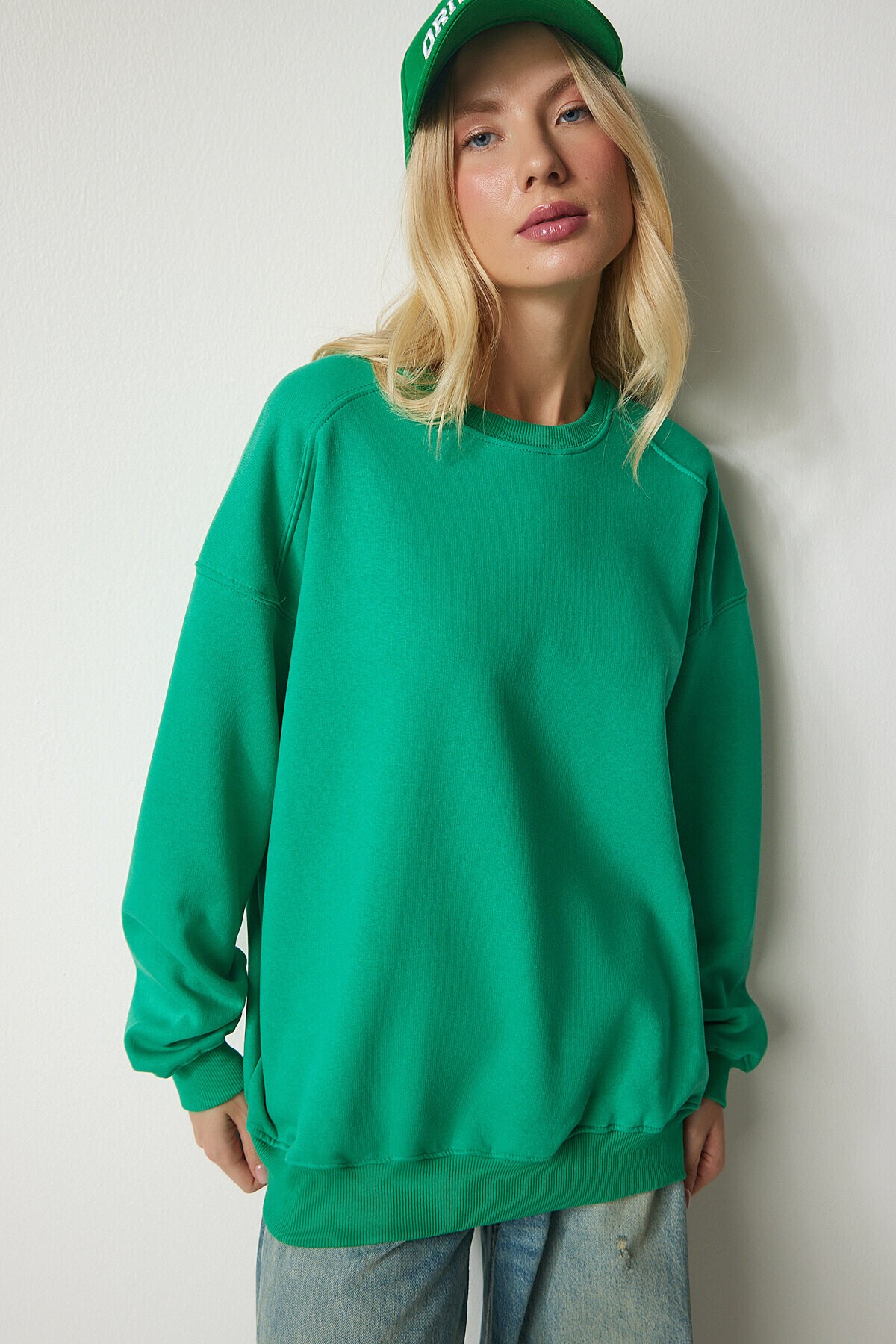 Şardonlu Oversize Sweatshirt YEŞİL LMC0044
