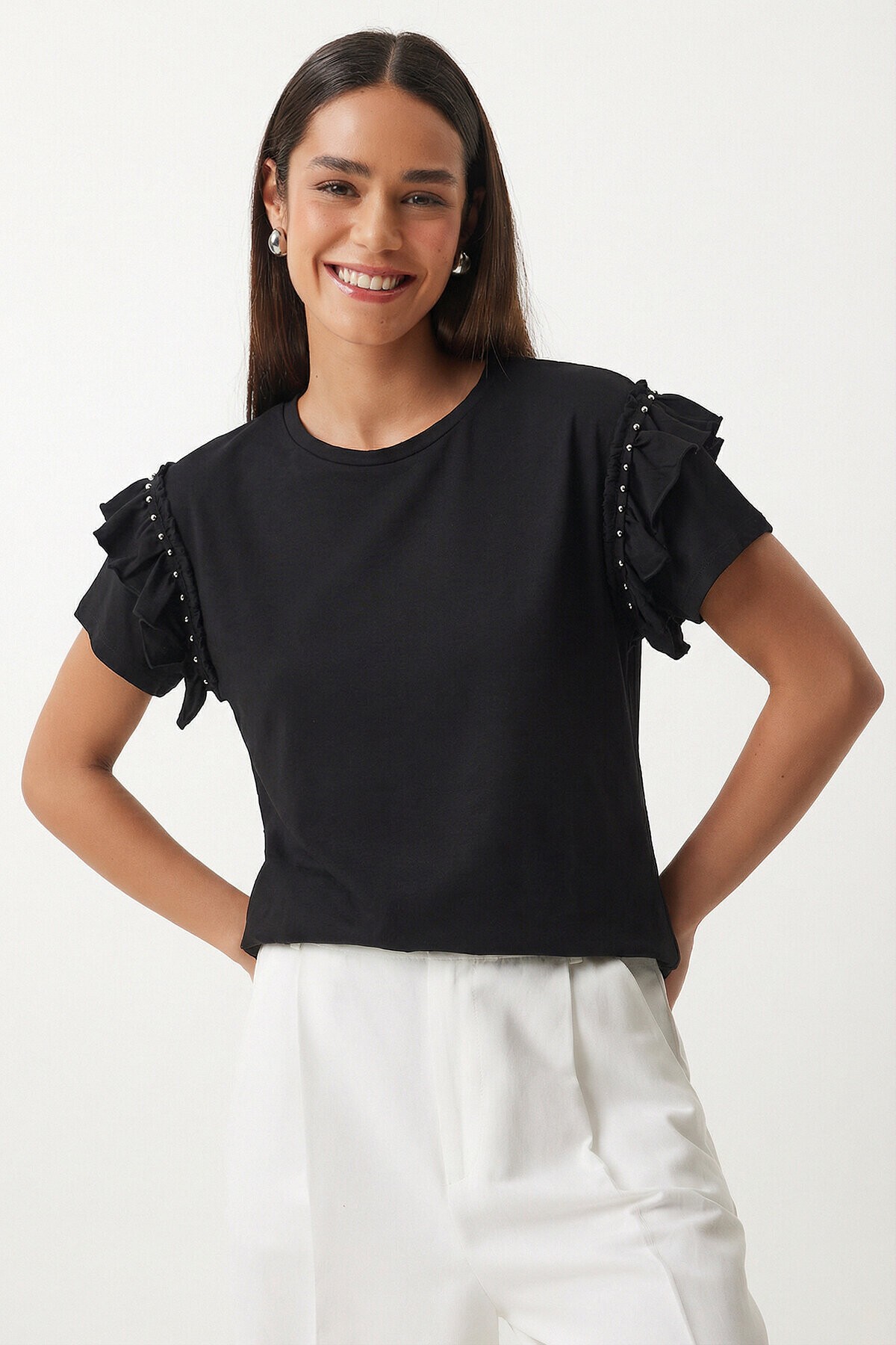 Volanlı Boncuk Detaylı Örme T-shirt SİYAH LEX0009