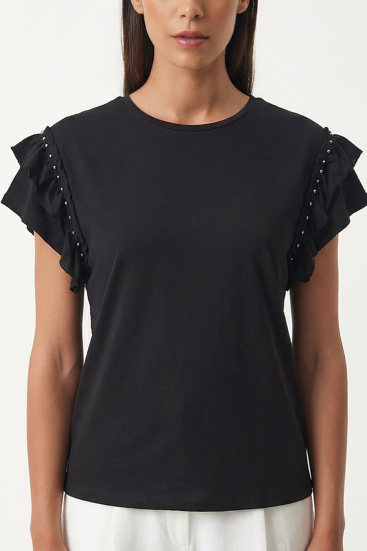 Volanlı Boncuk Detaylı Örme T-shirt SİYAH LEX0009