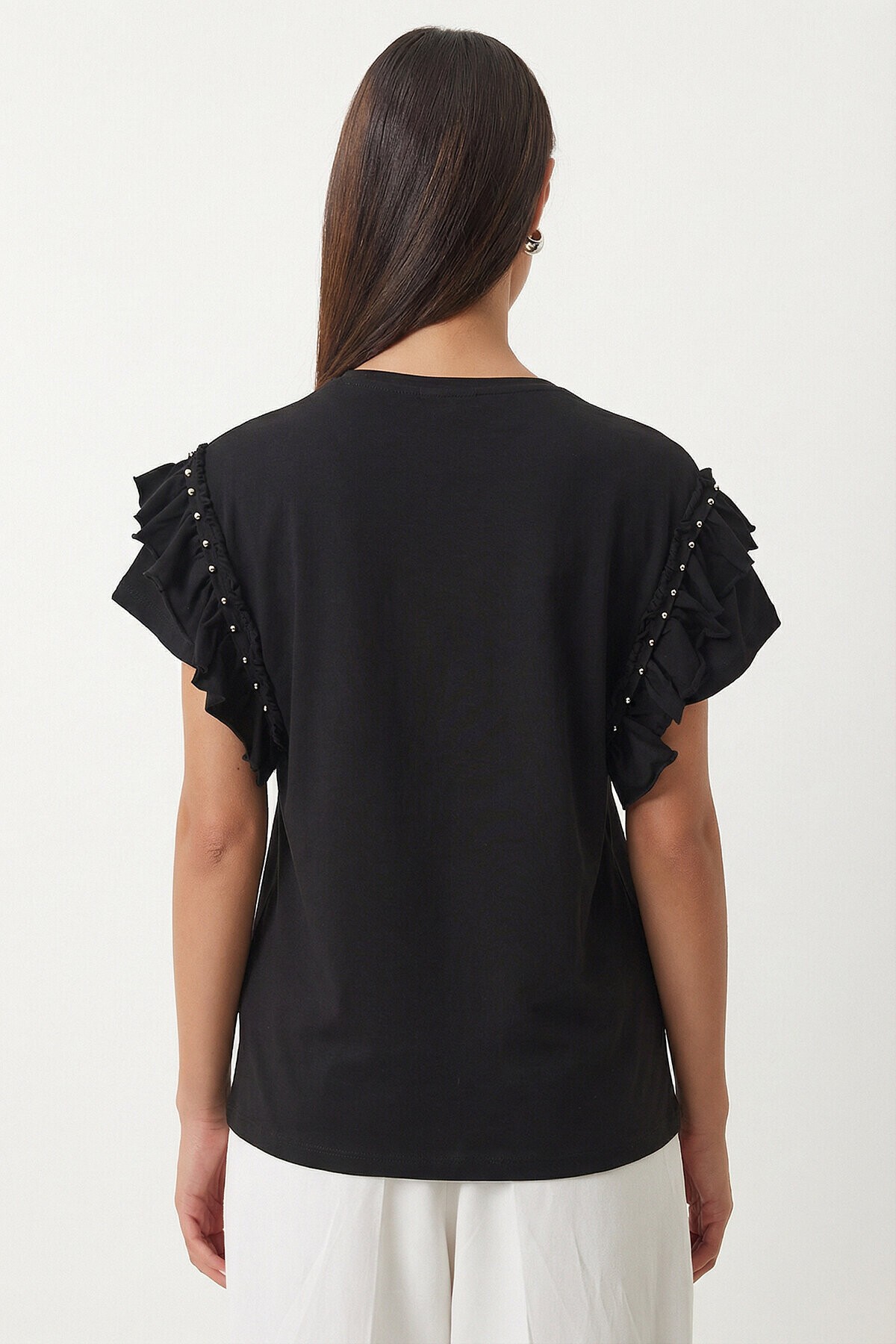 Volanlı Boncuk Detaylı Örme T-shirt SİYAH LEX0009