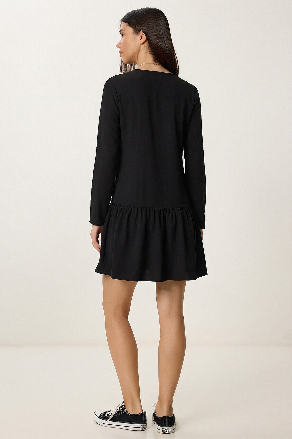 Volanlı Mini Poplin Elbise SİYAH LEX0015