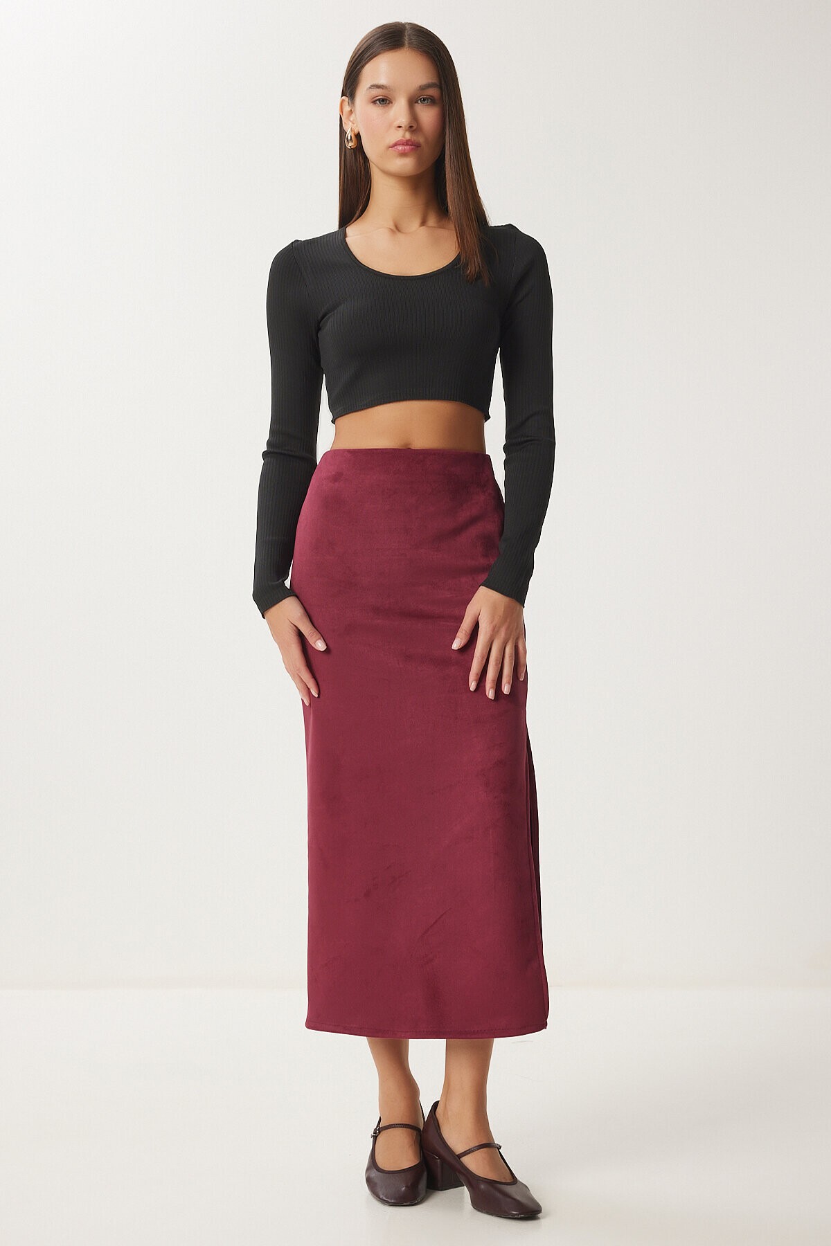 Yırtmaçlı Uzun Süet Etek BORDO LMC0046