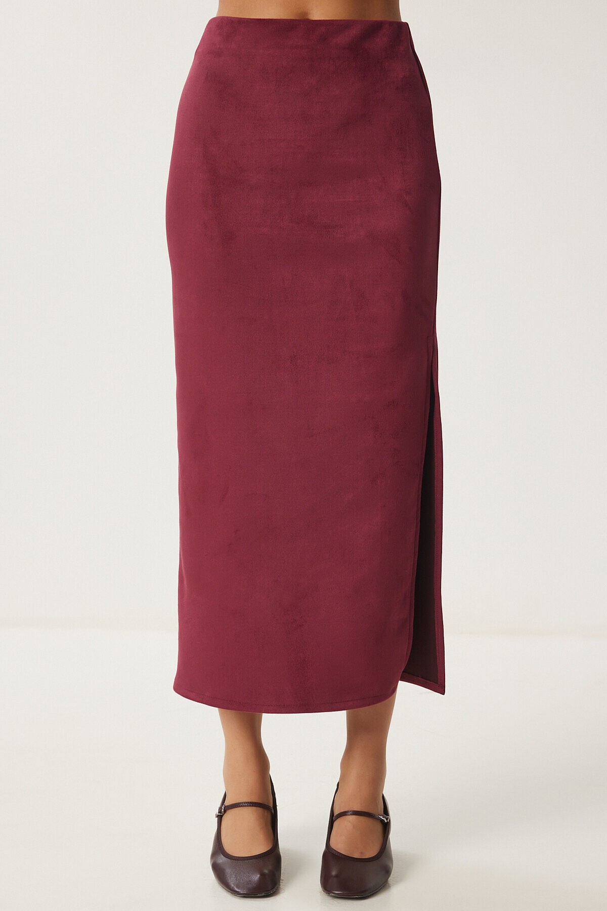 Yırtmaçlı Uzun Süet Etek BORDO LMC0046