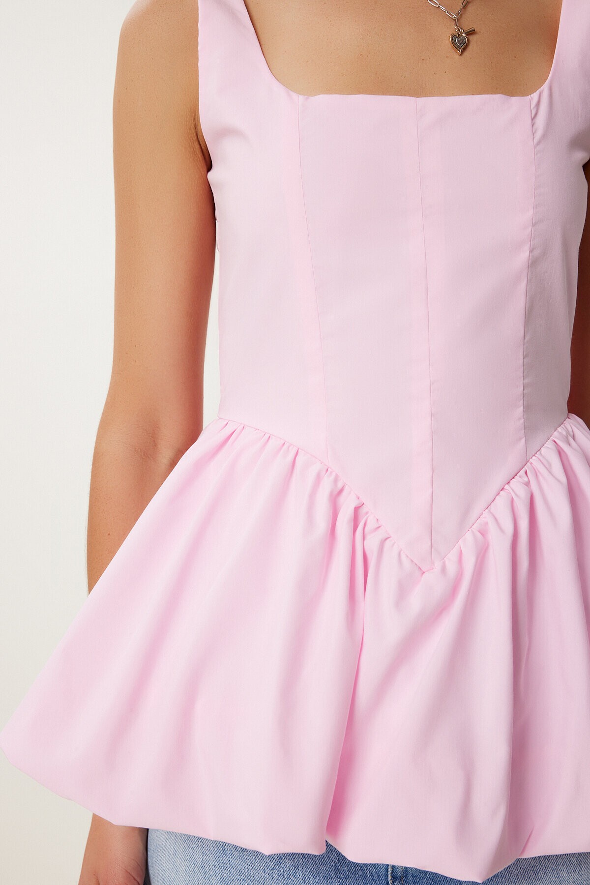 Askılı Balon Etekli Poplin Bluz ŞEKER PEMBE LPX0002
