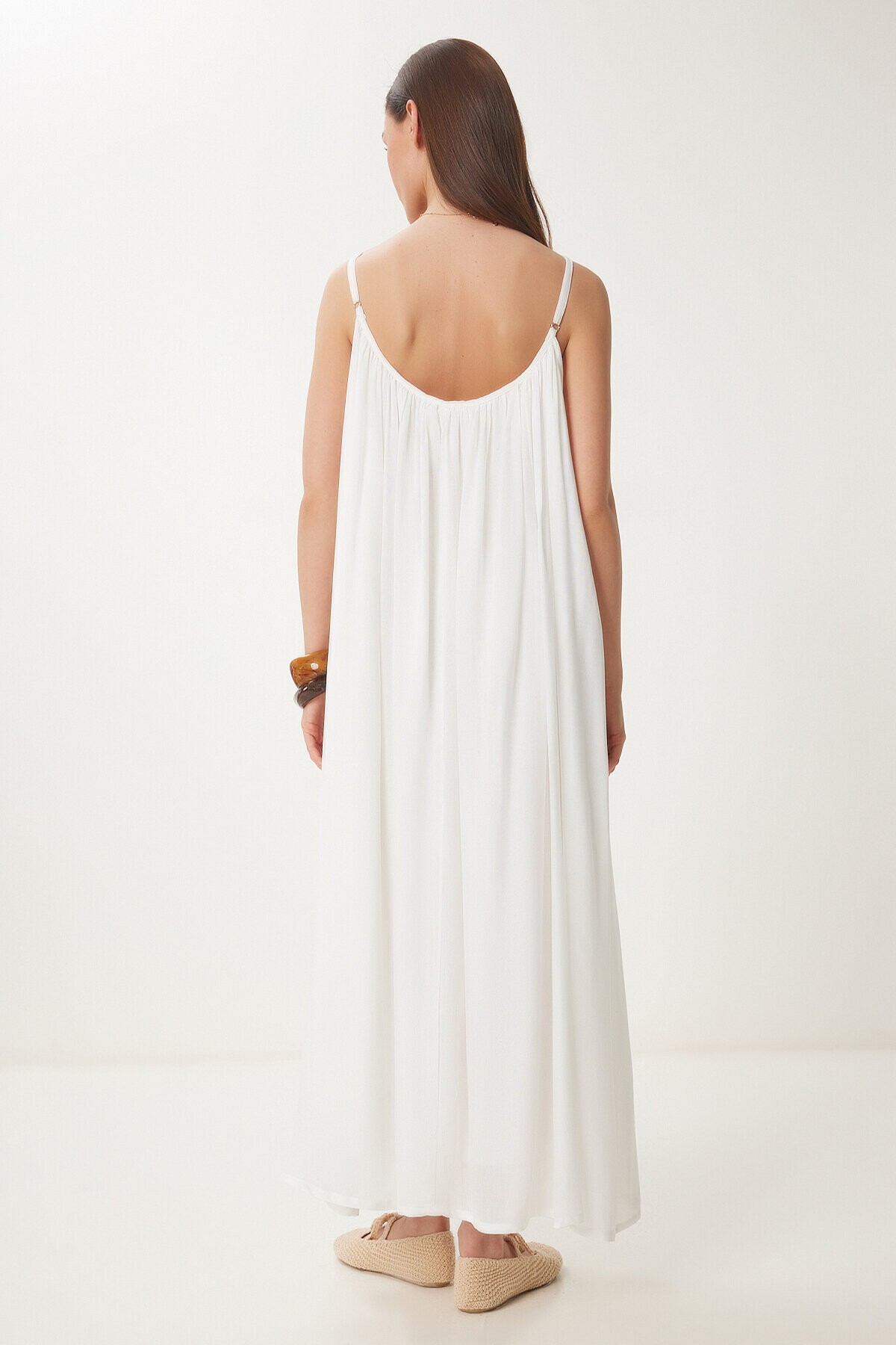 Askılı Uzun Yazlık Keten Elbise BEYAZ LDP0040