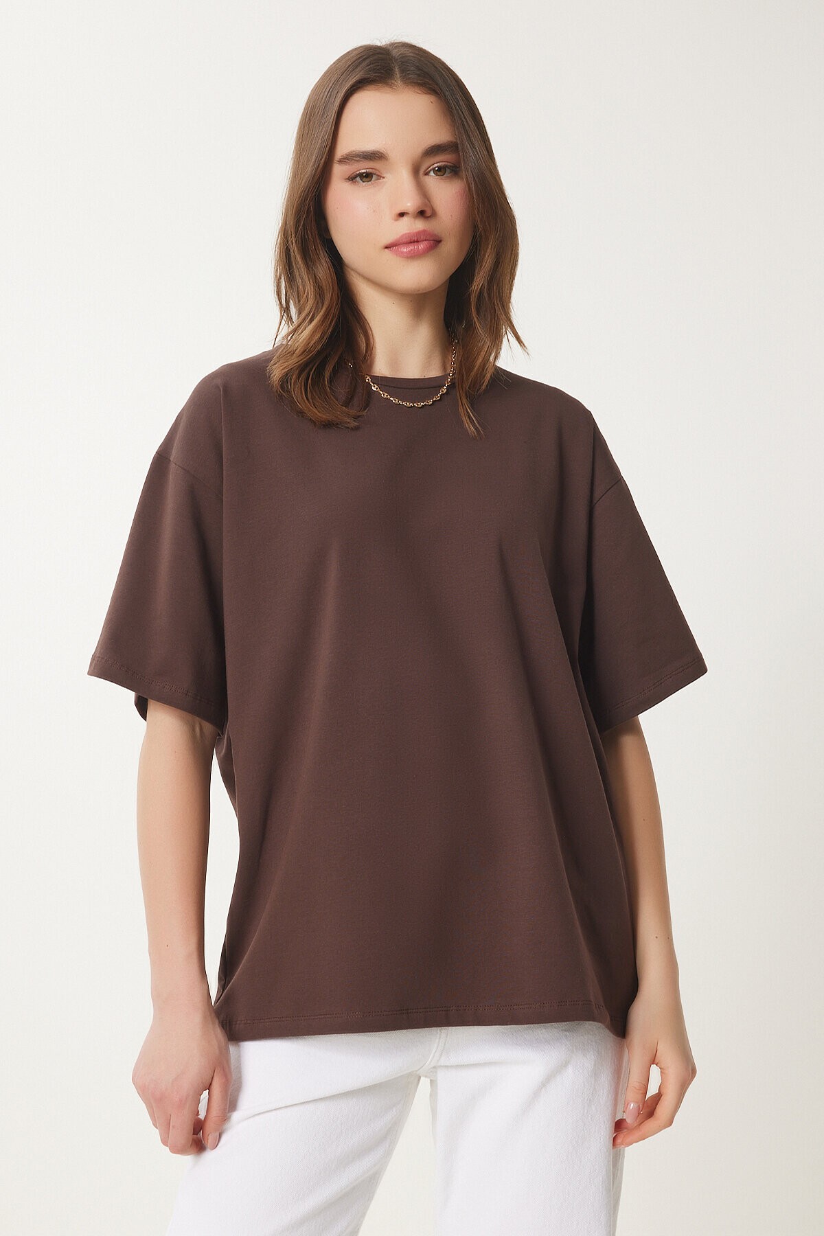 Basic Oversize 2li Takım Örme T-shirt KAHVERENGİ TAŞ LHW0007