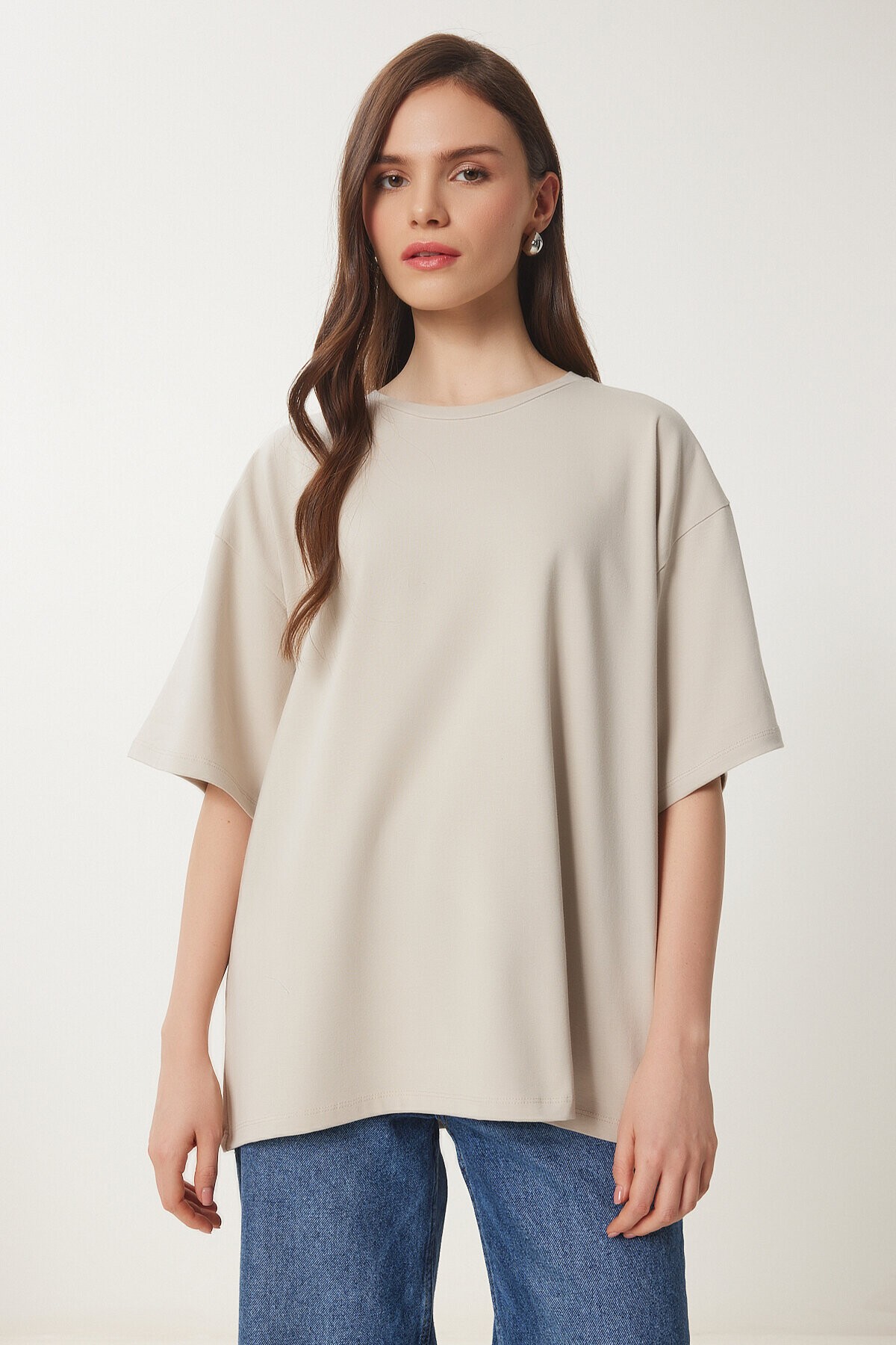 Basic Oversize 2li Takım Örme T-shirt KAHVERENGİ TAŞ LHW0007