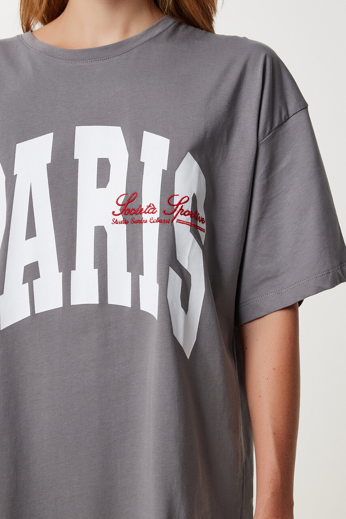 Baskılı Nakış İşlemeli Oversize Örme T-shirt FÜME LKT0015