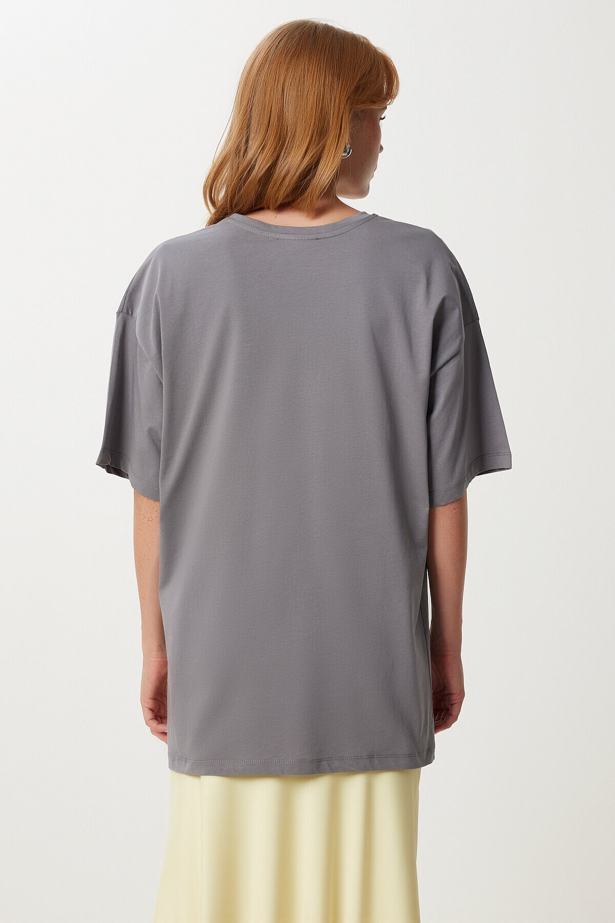 Baskılı Nakış İşlemeli Oversize Örme T-shirt FÜME LKT0015