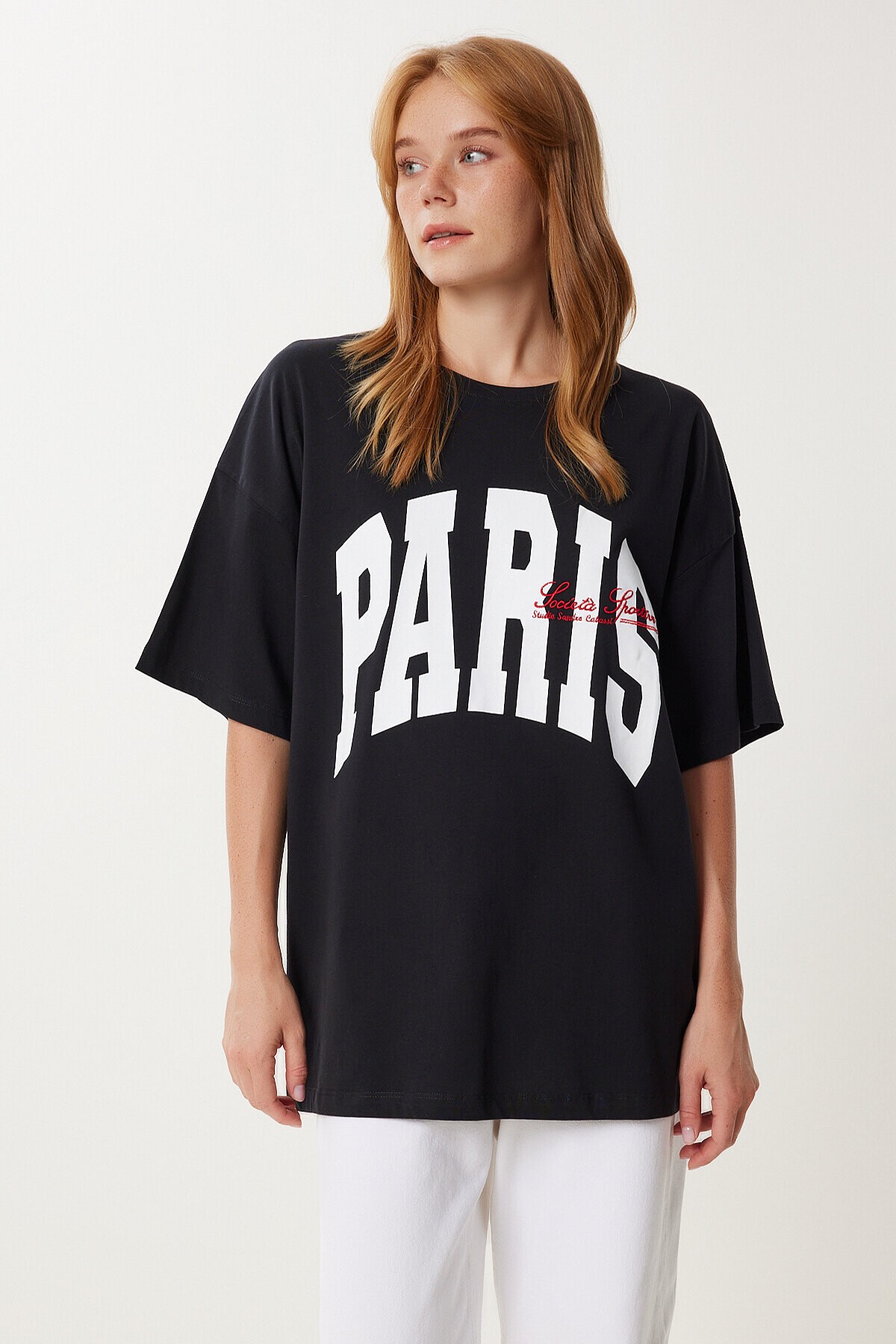 Baskılı Nakış İşlemeli Oversize Örme T-shirt SİYAH LKT0015