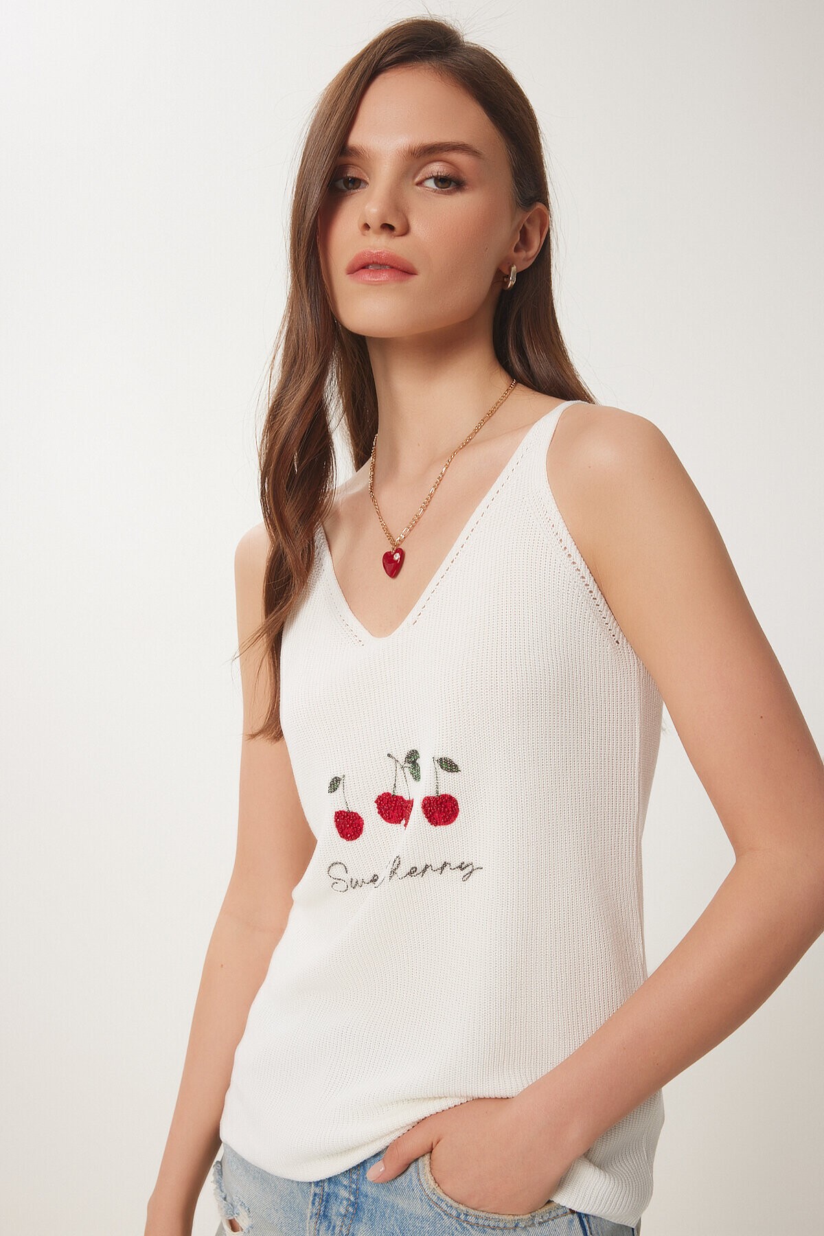 Boncuk Detaylı Baskılı Triko Bluz KEMİK LNS0046